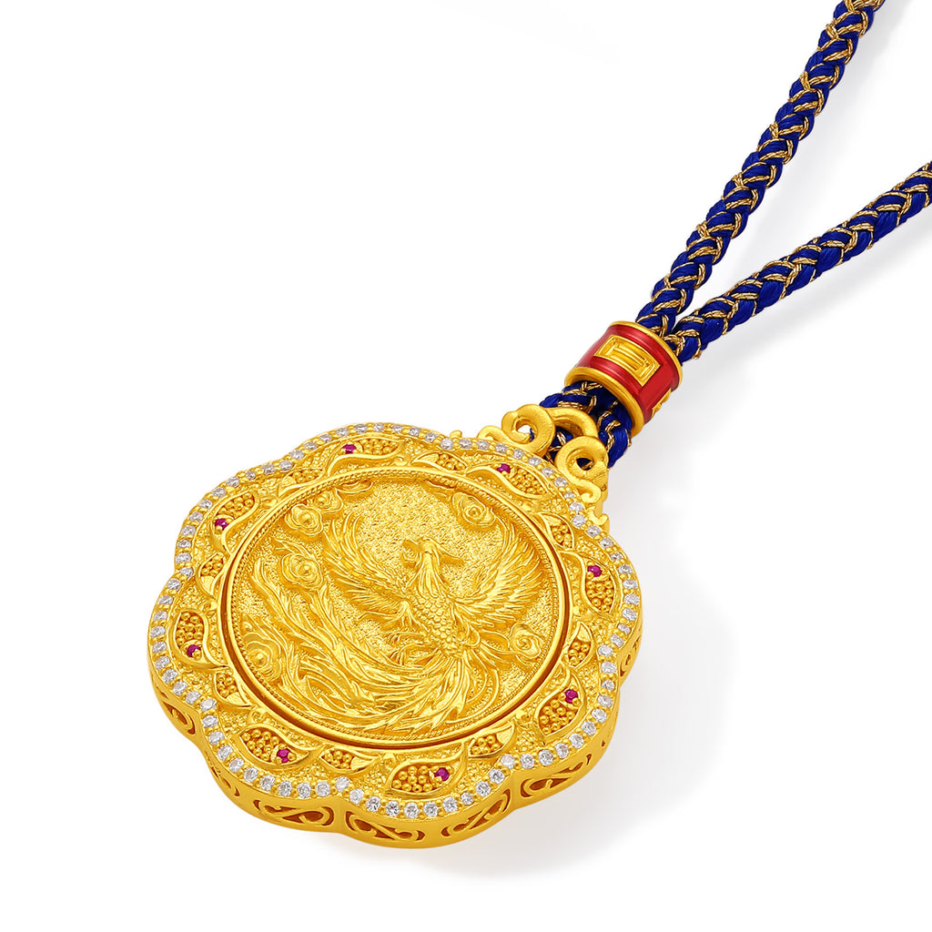 "Chinese Culture Collection - Dan Qing" 24K Gold Pendant Braided Rope Diamond 0.03ct 0.0019ct Ruby 0 Dragons & Phoenixes 20-24g W0440496