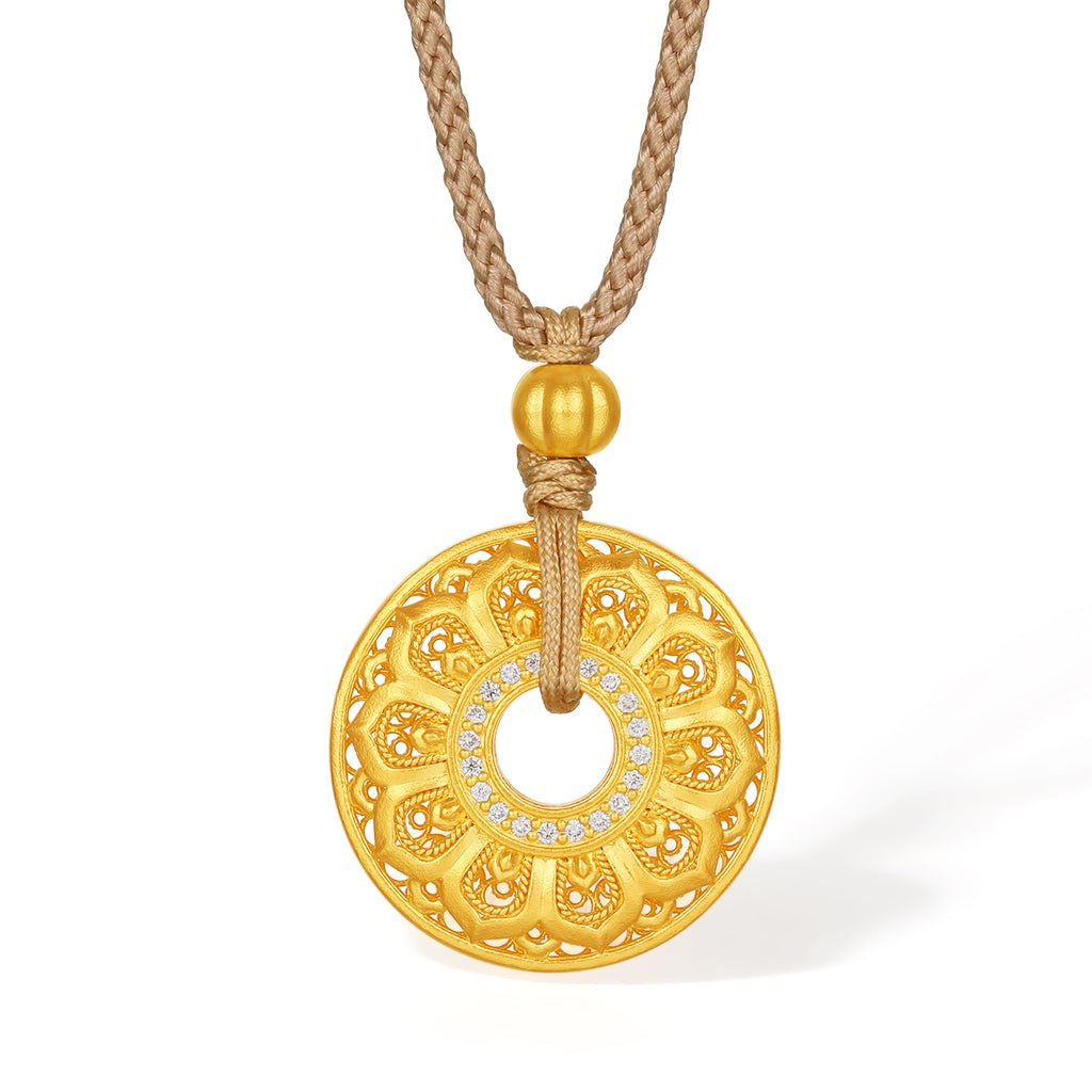 "Jiuhua Mountain" 24K Gold Diamond Filigree Floral Round Pendant 0.0049ct W0436115