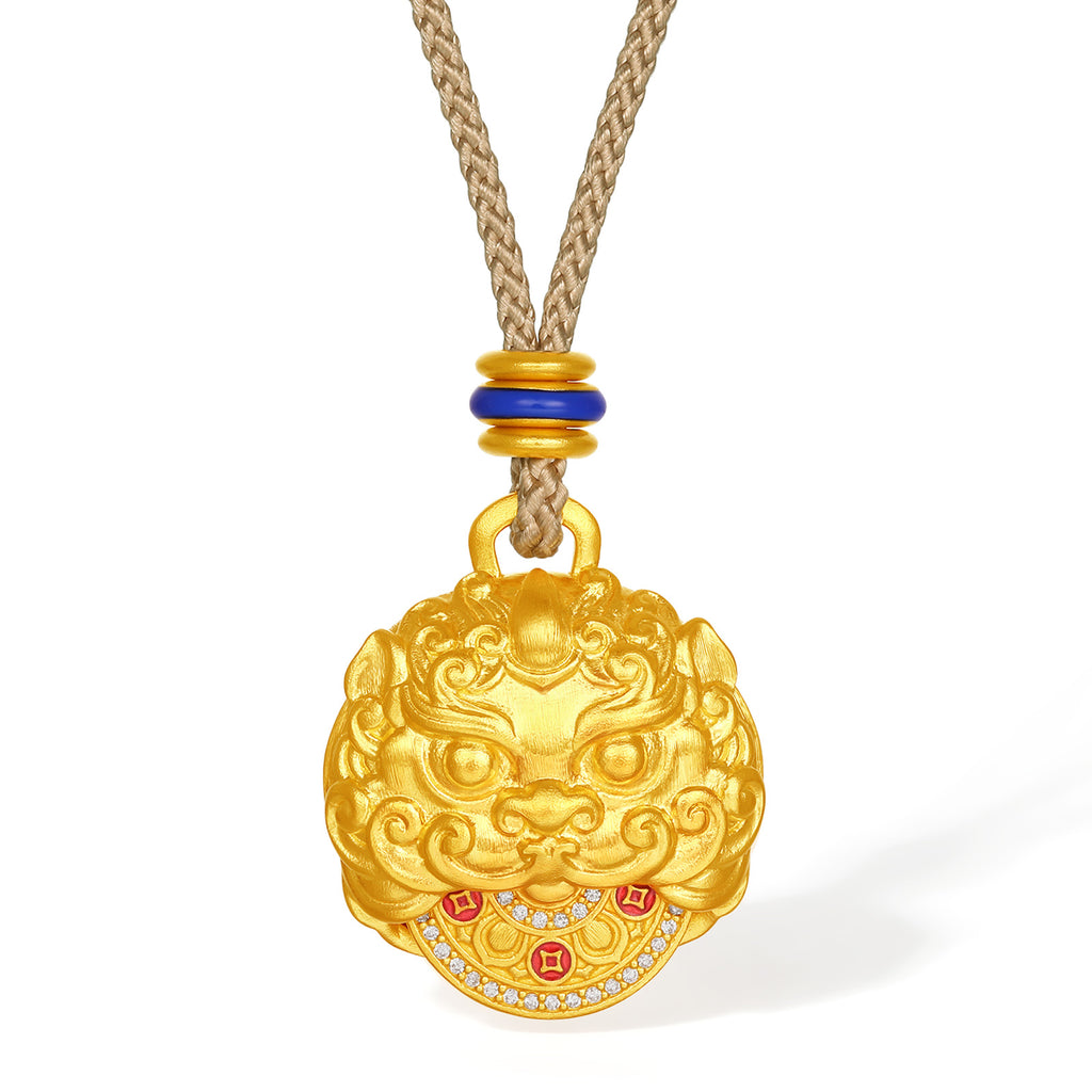 "Jiuhua Mountain" 24K Gold Diamond Rotatable Mythical Beast Round Pendant 0.0024ct W0430062