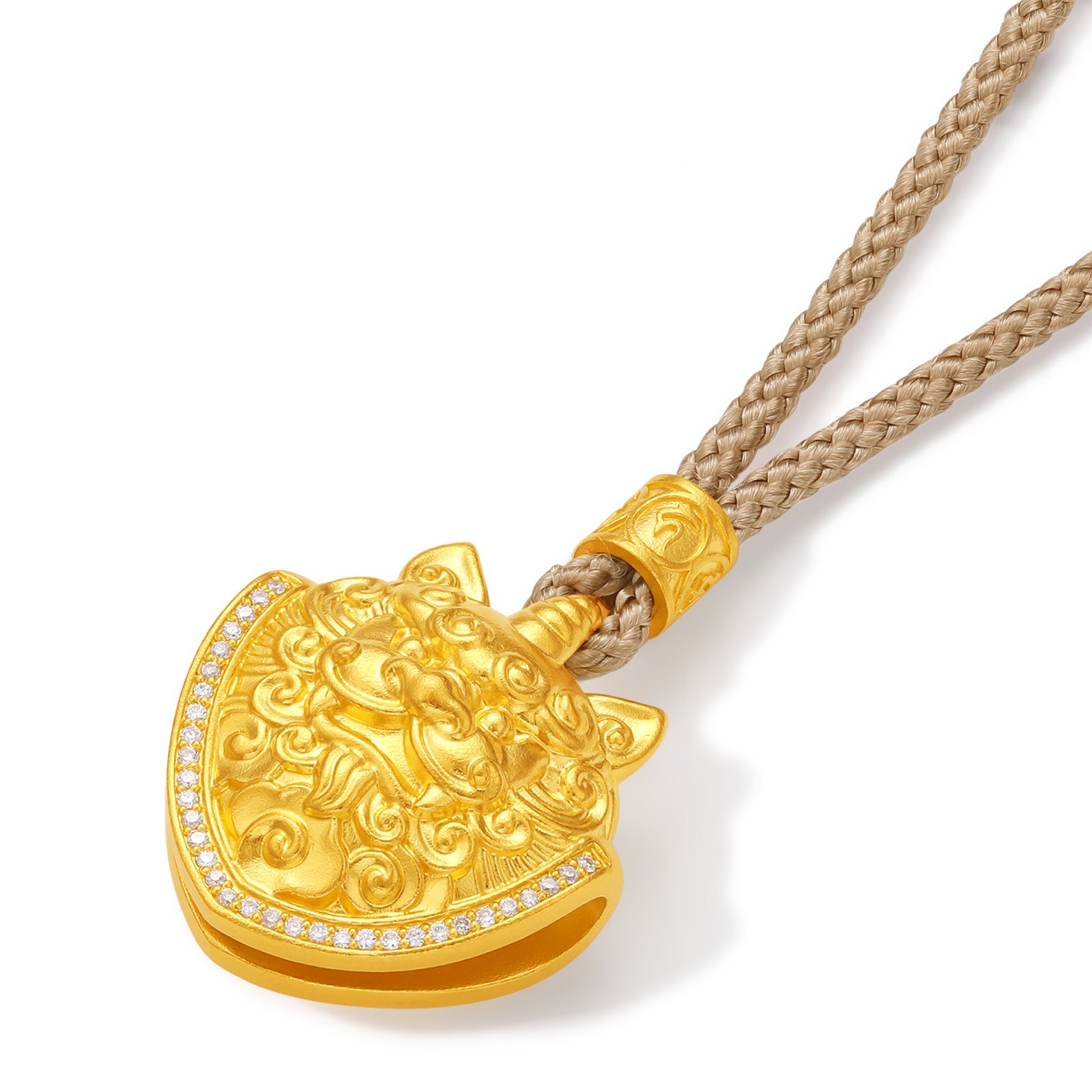 "Jiuhua Mountain" 24K Gold Diamond Mythical Beast Shield Pendant 0.003ct W0430058
