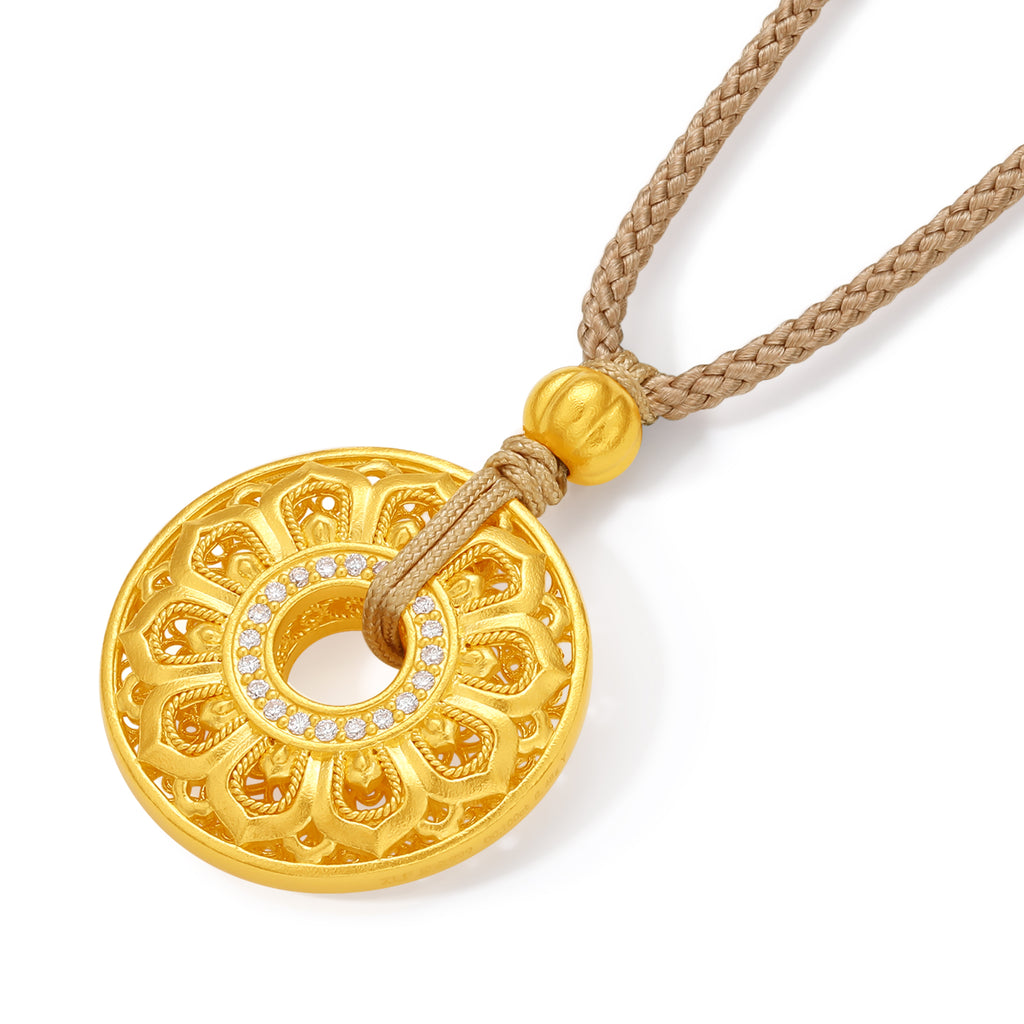 "Jiuhua Mountain" 24K Gold Diamond Filigree Floral Round Pendant 0.0049ct W0436115