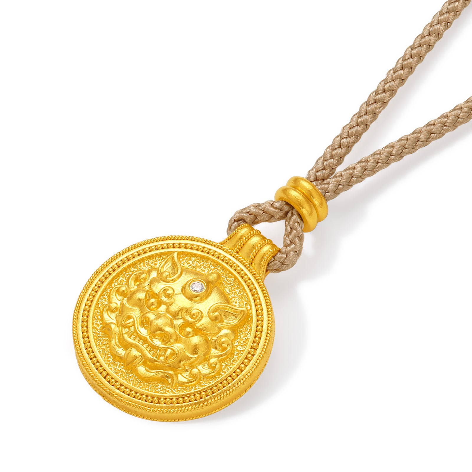 "Jiuhua Mountain" 24K Gold Diamond Mythical Beast Round Pendant 0.013ct W0430056