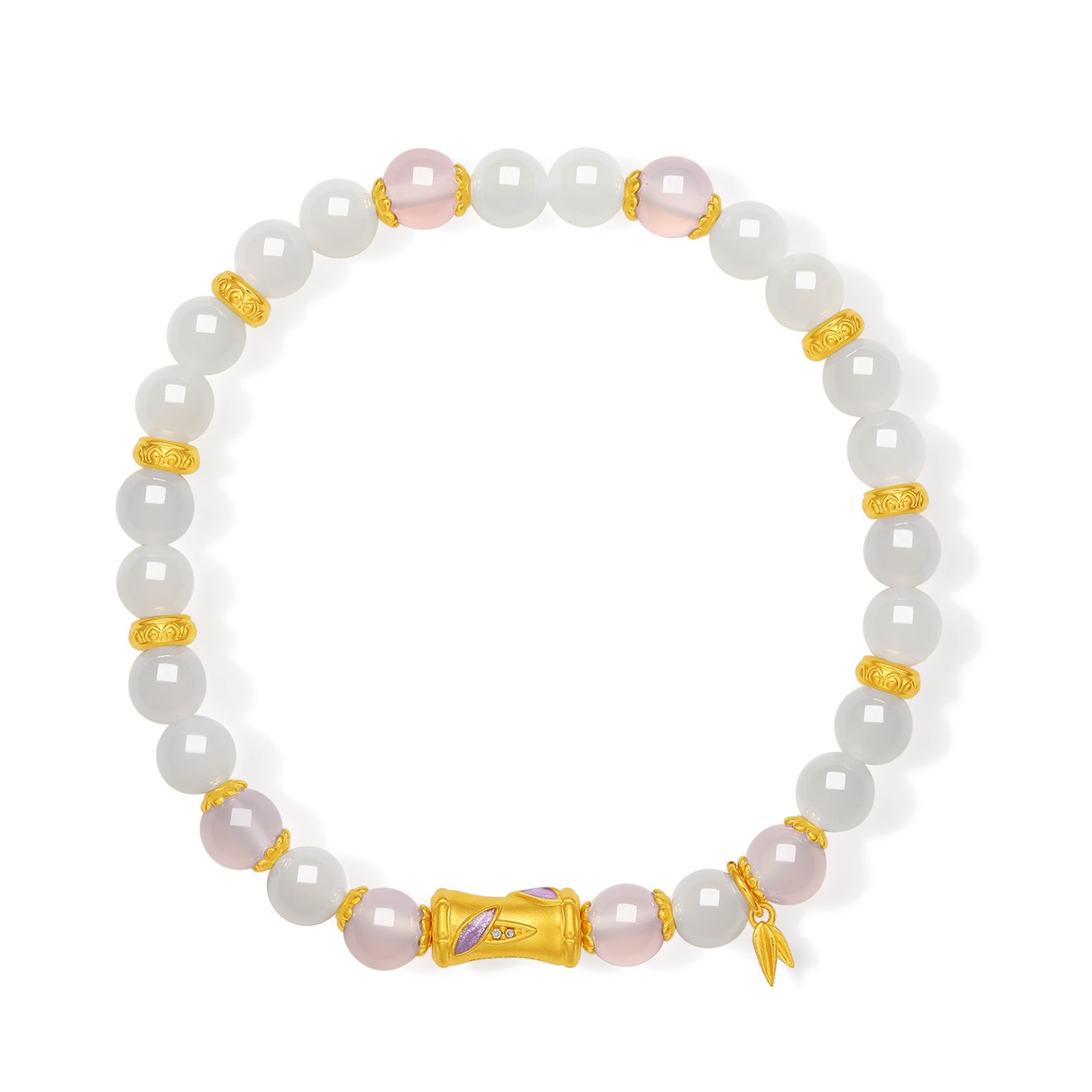 "Chinese Culture Collection - Dan Qing" 24K Gold Beaded Bracelet Hetian Jade 5.8-6.3mm Diamond 0.0015ct Chalcedony Bamboo 2.3-4g Y1940423