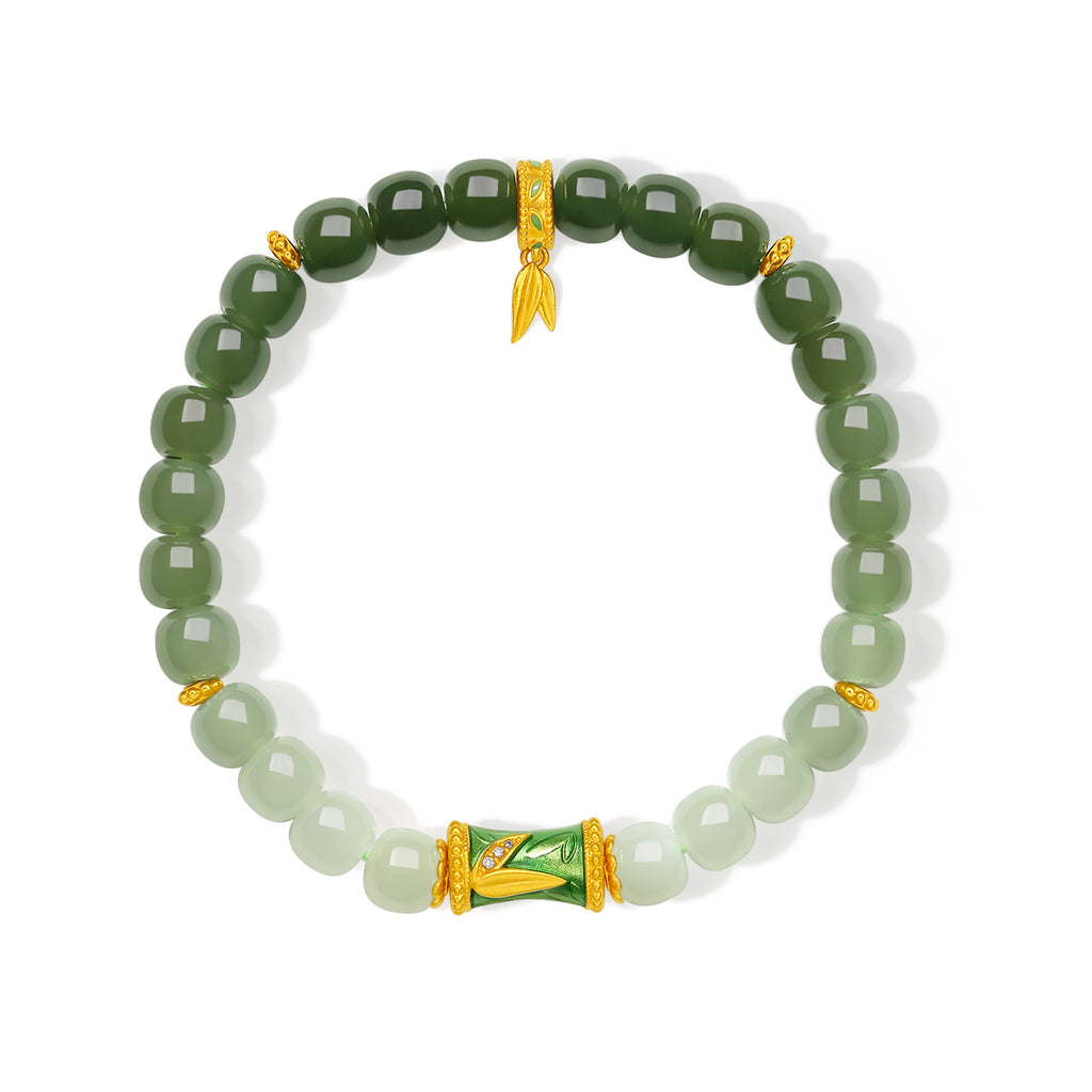 "Chinese Culture Collection - Dan Qing" 24K Gold Beaded Bracelet Hetian Jade 6.5-7*5.8-6.3mm Diamond 0.0033ct   Bamboo 1.9-2.9g Y1937744