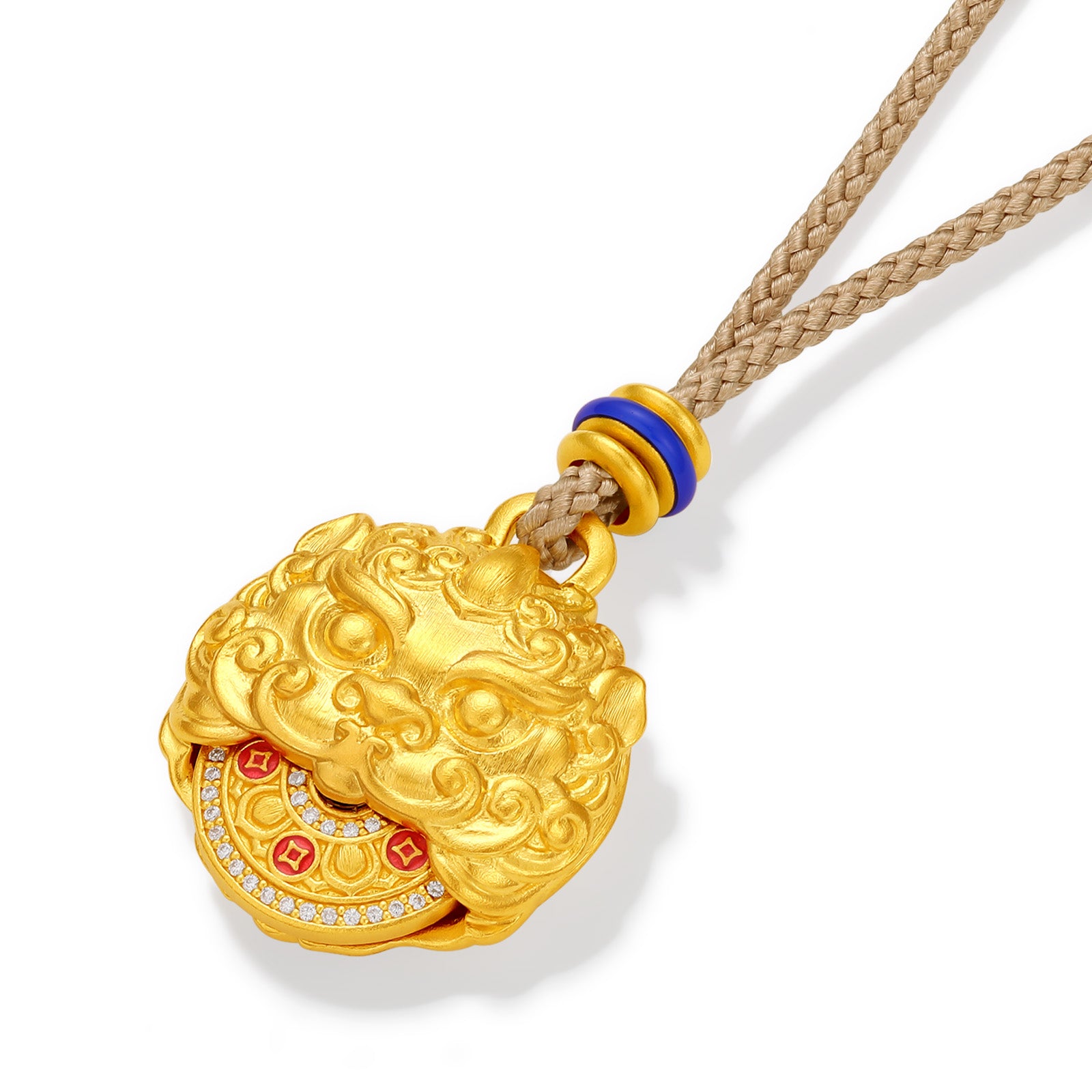 "Jiuhua Mountain" 24K Gold Diamond Rotatable Mythical Beast Round Pendant 0.0024ct W0430062