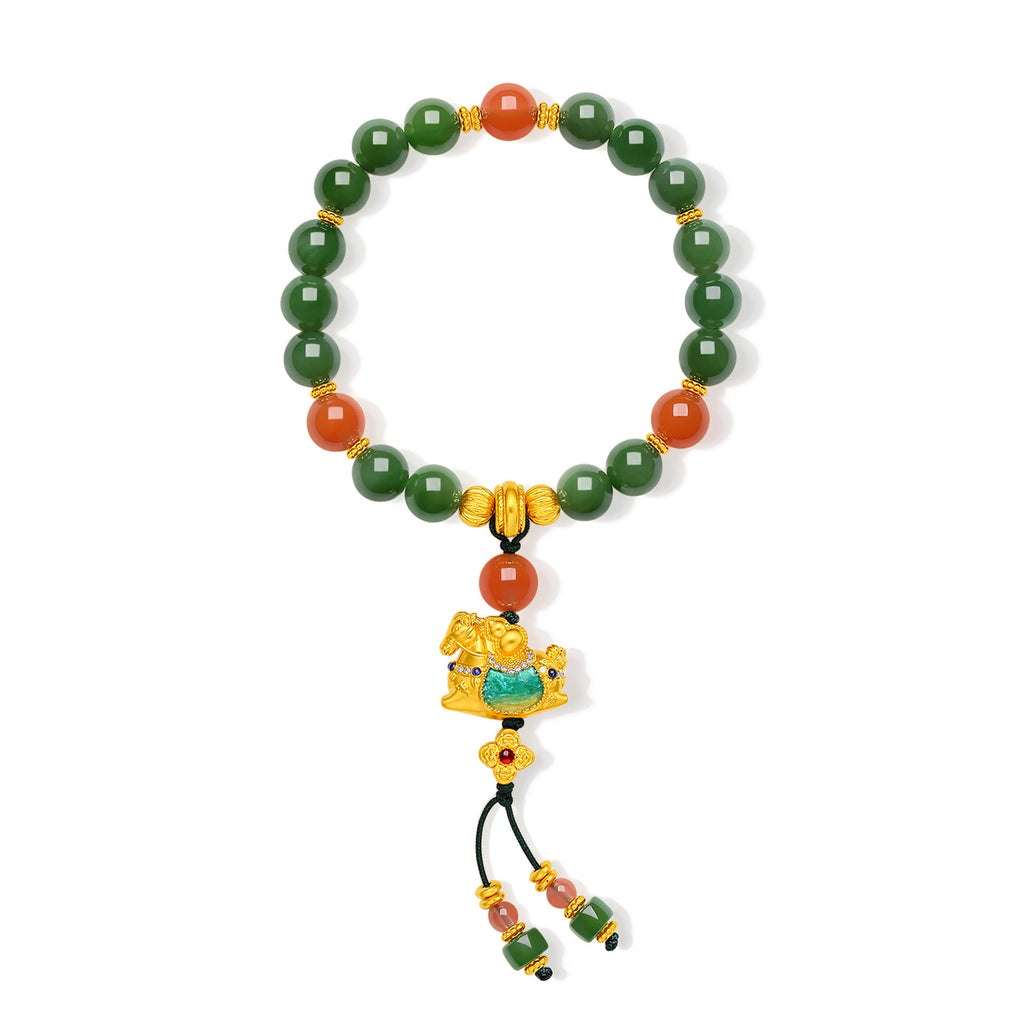 "Chinese Culture Collection - Dan Qing" 24K Gold Beaded Bracelet Braided Rope Hetian Jade 7.5-8mm Diamond 0.0032ct Agate 4-4.5mm Horse 5.5-7.2g Y1937292