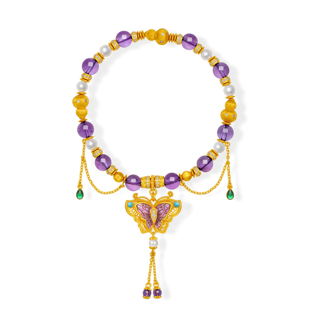 "Chinese Culture Collection - Dan Qing" 24K Gold Beaded Bracelet Amethyst 6-6.5mm Diamond 0.0031ct 3.8-4.3mm Butterfly 19-23g J1940431
