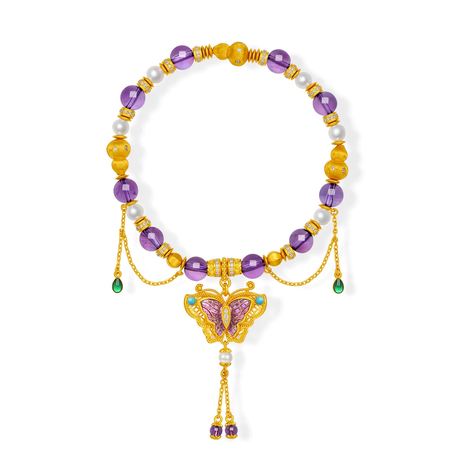 "Chinese Culture Collection - Dan Qing" 24K Gold Beaded Bracelet Amethyst 6-6.5mm Diamond 0.0031ct 3.8-4.3mm Butterfly 19-23g J1940431