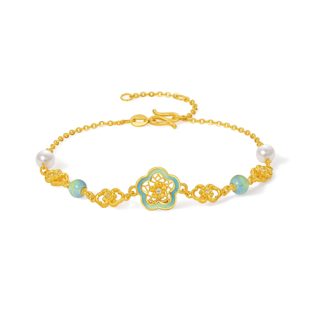 「中華文化臻藏系列－汝窯」24K金手鍊 鑽石0.007ct 0.002ct 珍珠花 4.21-6.21g W0750030