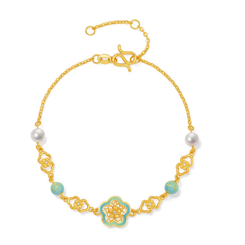 "Chinese Culture Collection - Ru Ware" 24K Gold Chain Bracelet Diamond 0.007ct 0.002ct Pearl Flower 4.21-6.21g W0750030