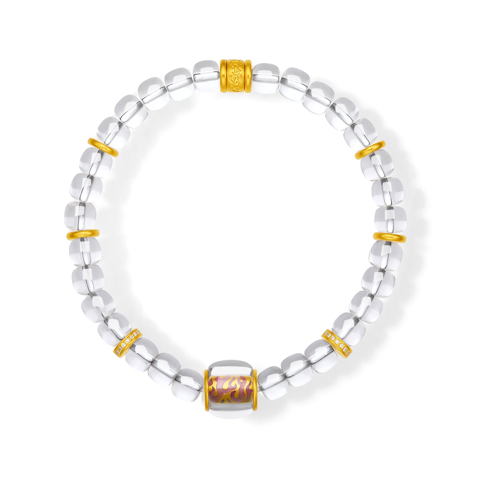 "Jiuhua Mountain" 24K Gold Crystal Beaded Bracelet Engraved Barrel 8*11mm 18cm J1935605
