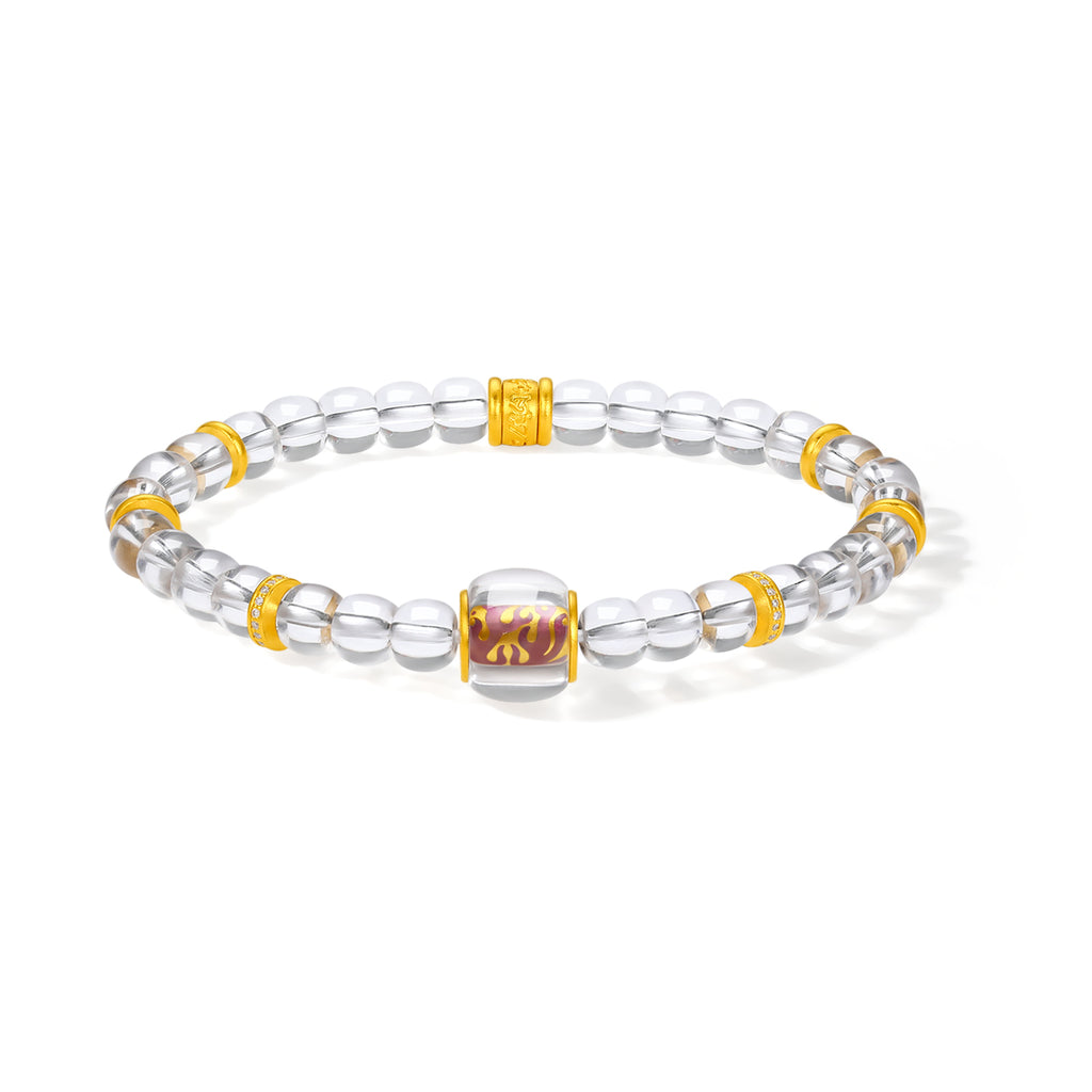 "Jiuhua Mountain" 24K Gold Crystal Beaded Bracelet Engraved Barrel 8*11mm 18cm J1935605