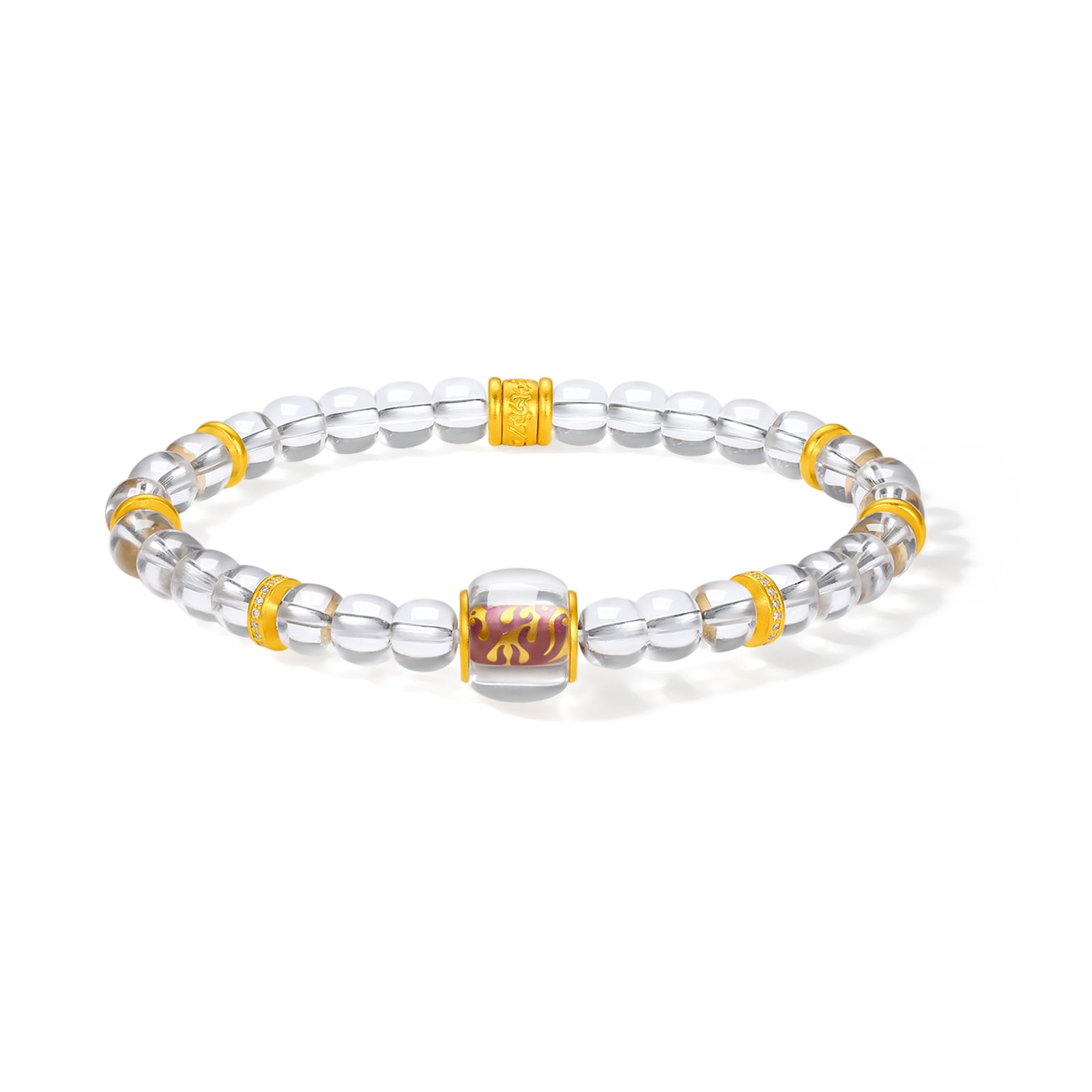 "Jiuhua Mountain" 24K Gold Crystal Beaded Bracelet Engraved Barrel 8*11mm 18cm J1935605