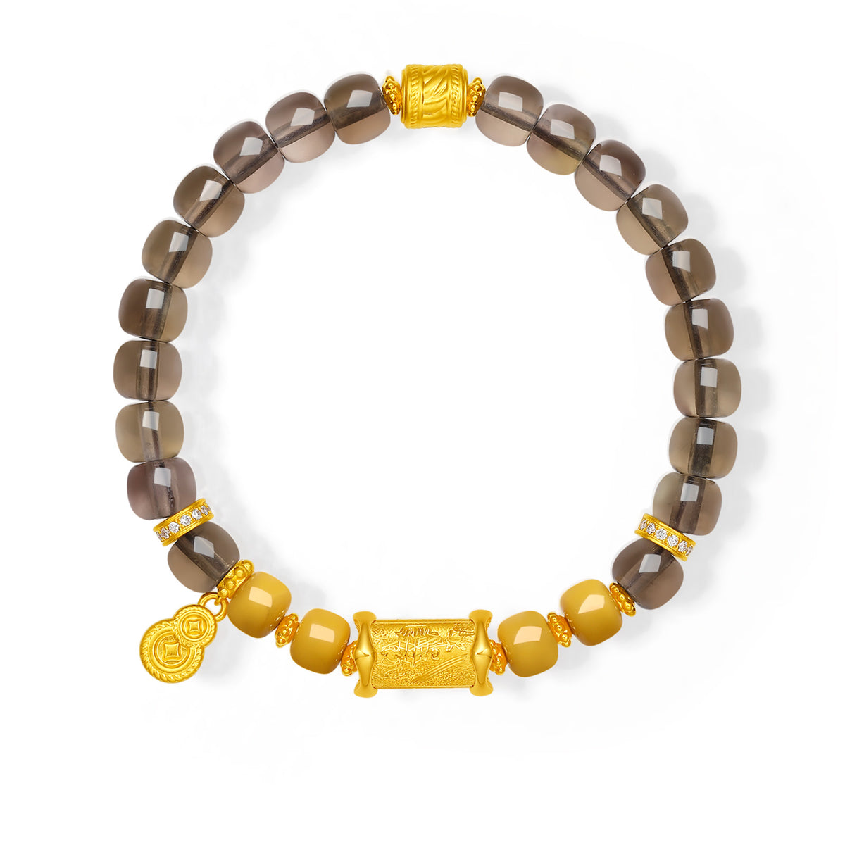"Chinese Culture Collection - Dan Qing" 999 24K Gold Beaded Bracelet Crystal 6-6.5*7-7.5mm Diamond 0.0073ct Amber Gourd 6.5-9.5g J1950061