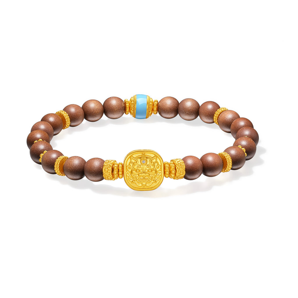 "Jiuhua Mountain" 24K Gold Sandalwood Beaded Bracelet Diamond Enamel Square Charm W1936217