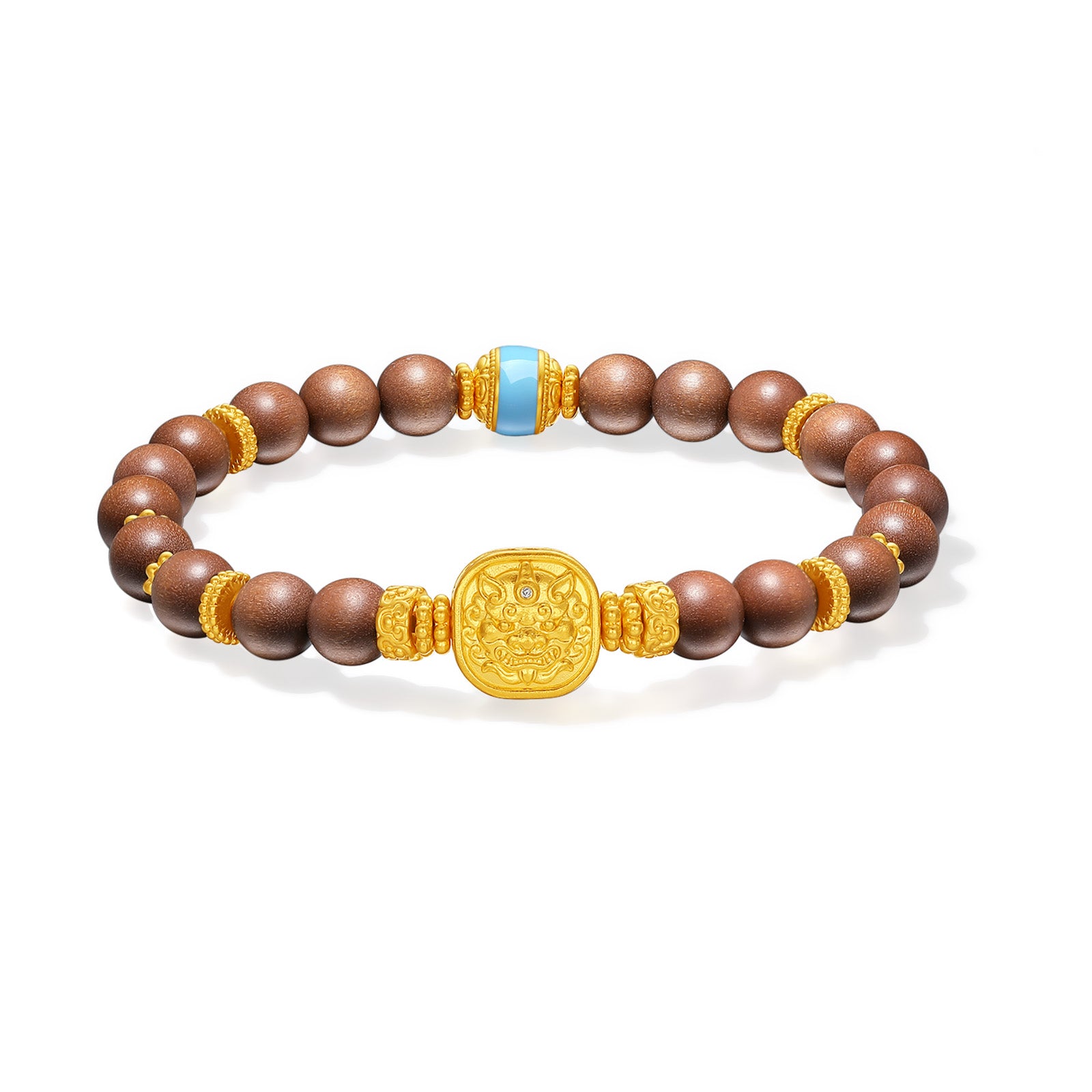 "Jiuhua Mountain" 24K Gold Sandalwood Beaded Bracelet Diamond Enamel Square Charm W1936217