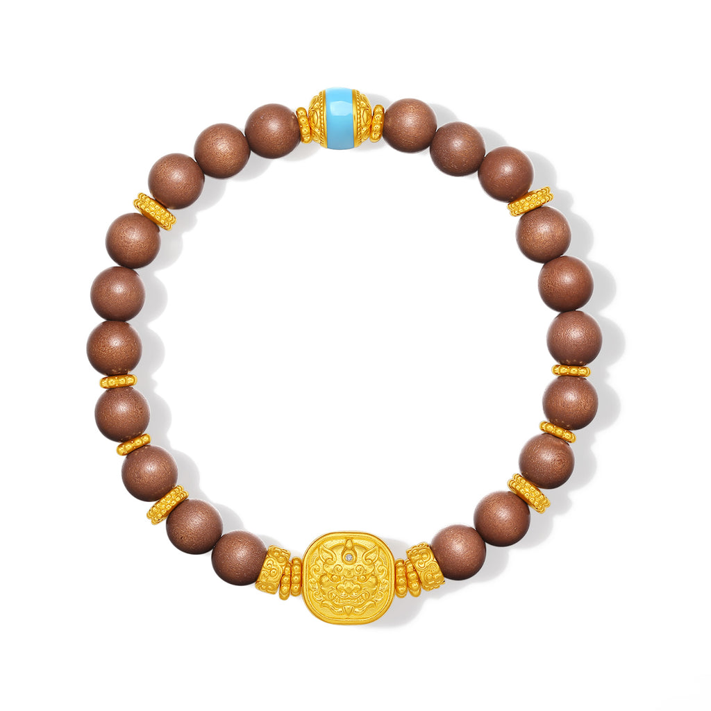 "Jiuhua Mountain" 24K Gold Sandalwood Beaded Bracelet Diamond Enamel Square Charm W1936217