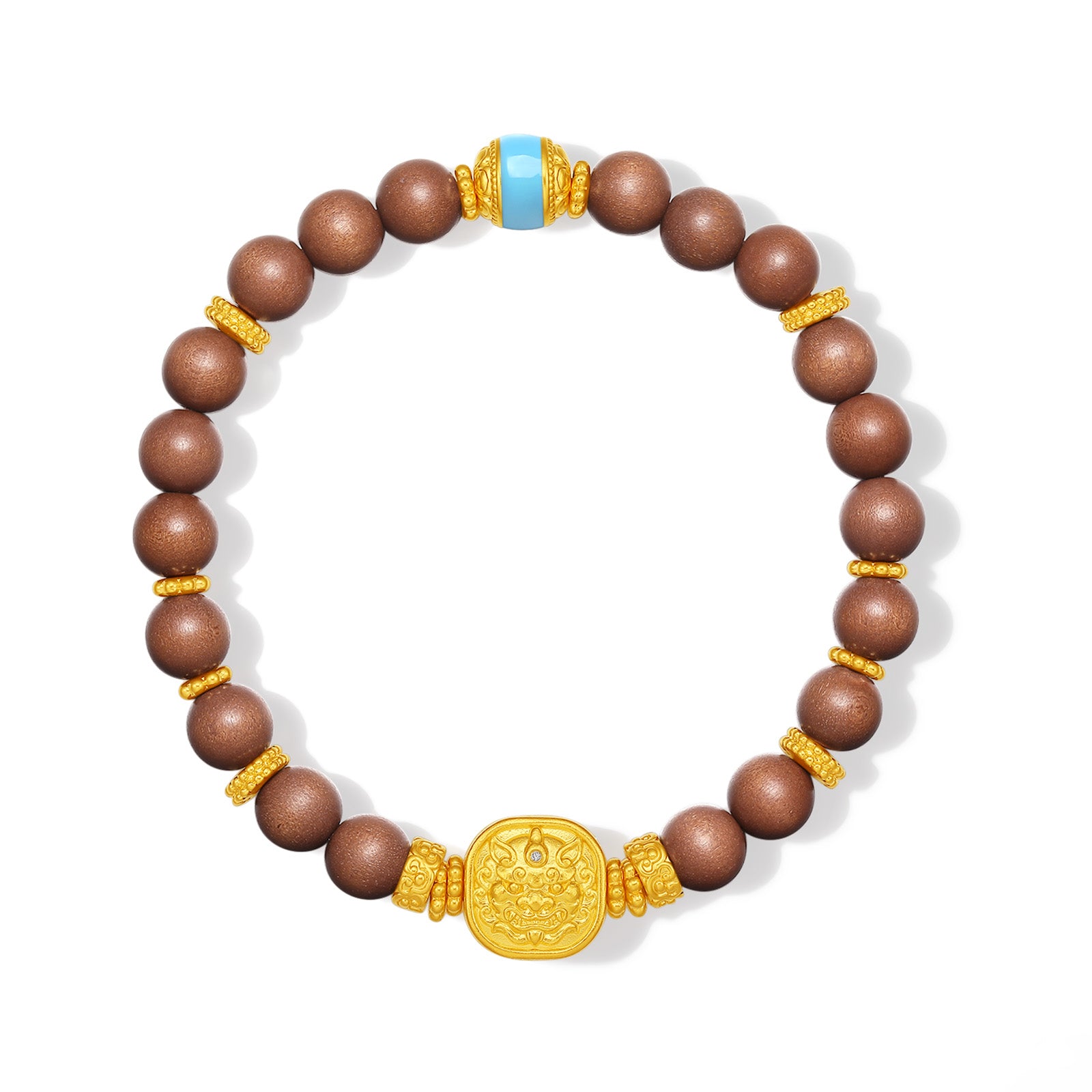 "Jiuhua Mountain" 24K Gold Sandalwood Beaded Bracelet Diamond Enamel Square Charm W1936217
