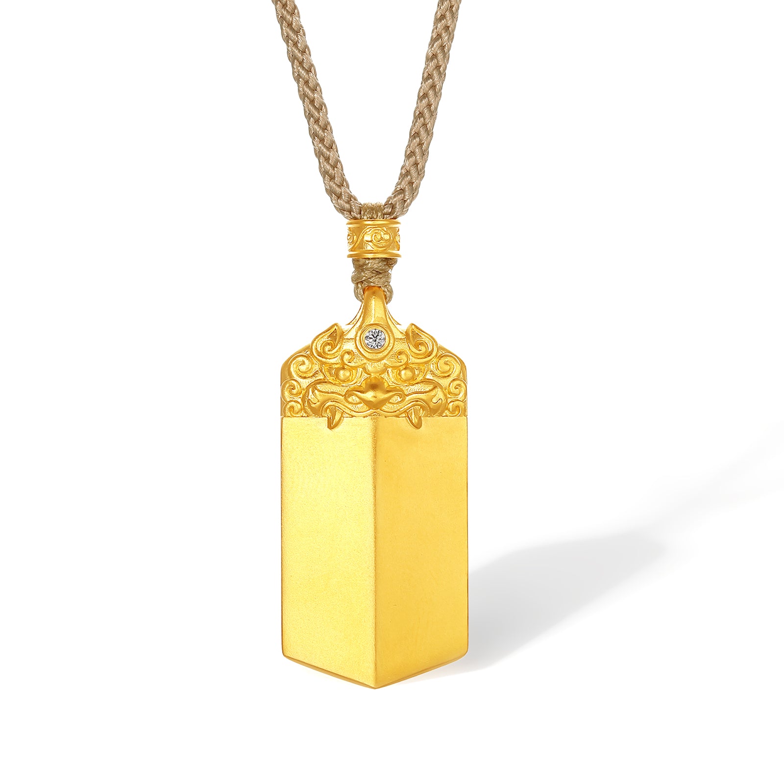 "Jiuhua Mountain" 24K Gold Diamond Mythical Beast Rectangle Seal Pendant 0.025ct W0440433