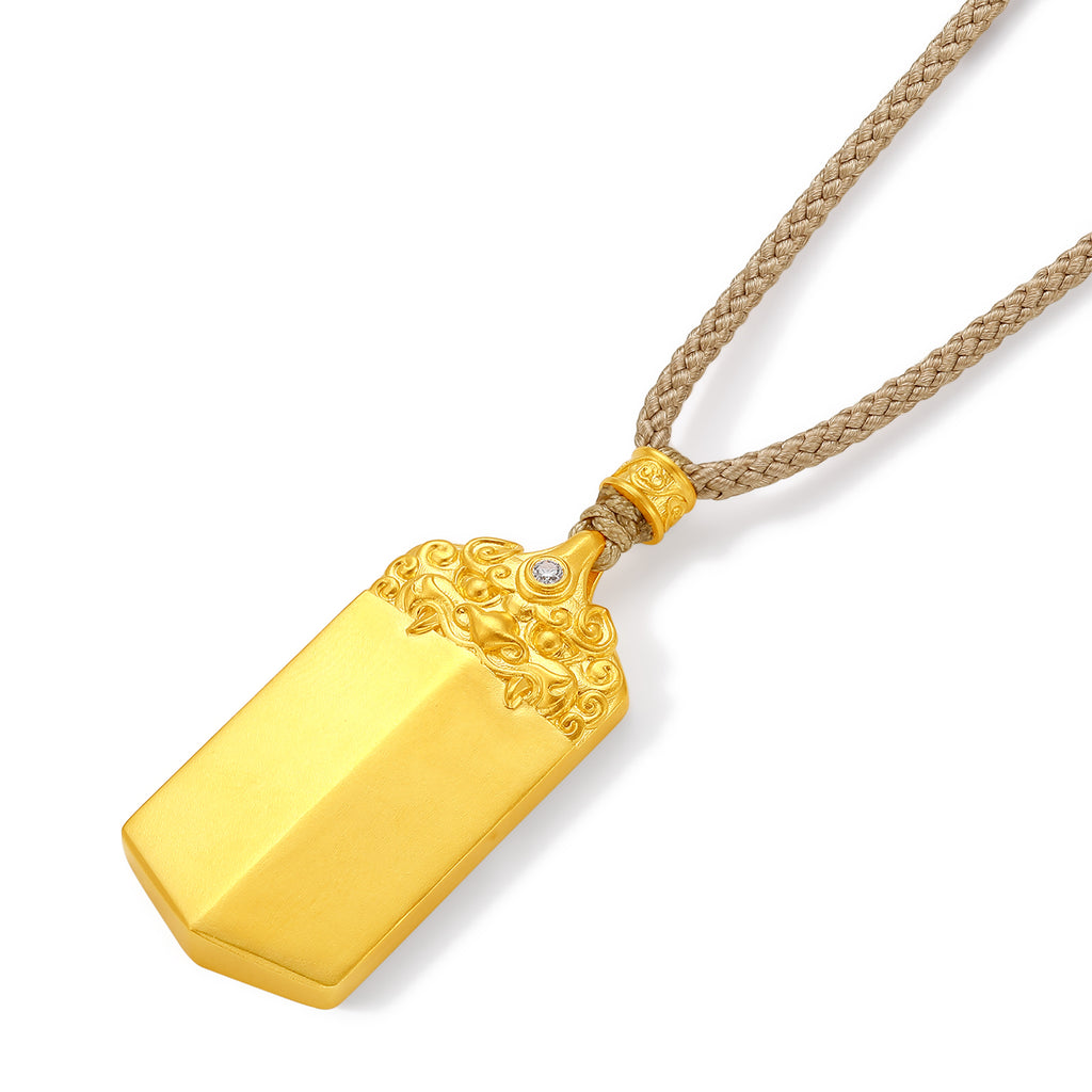 "Jiuhua Mountain" 24K Gold Diamond Mythical Beast Rectangle Seal Pendant 0.025ct W0440433