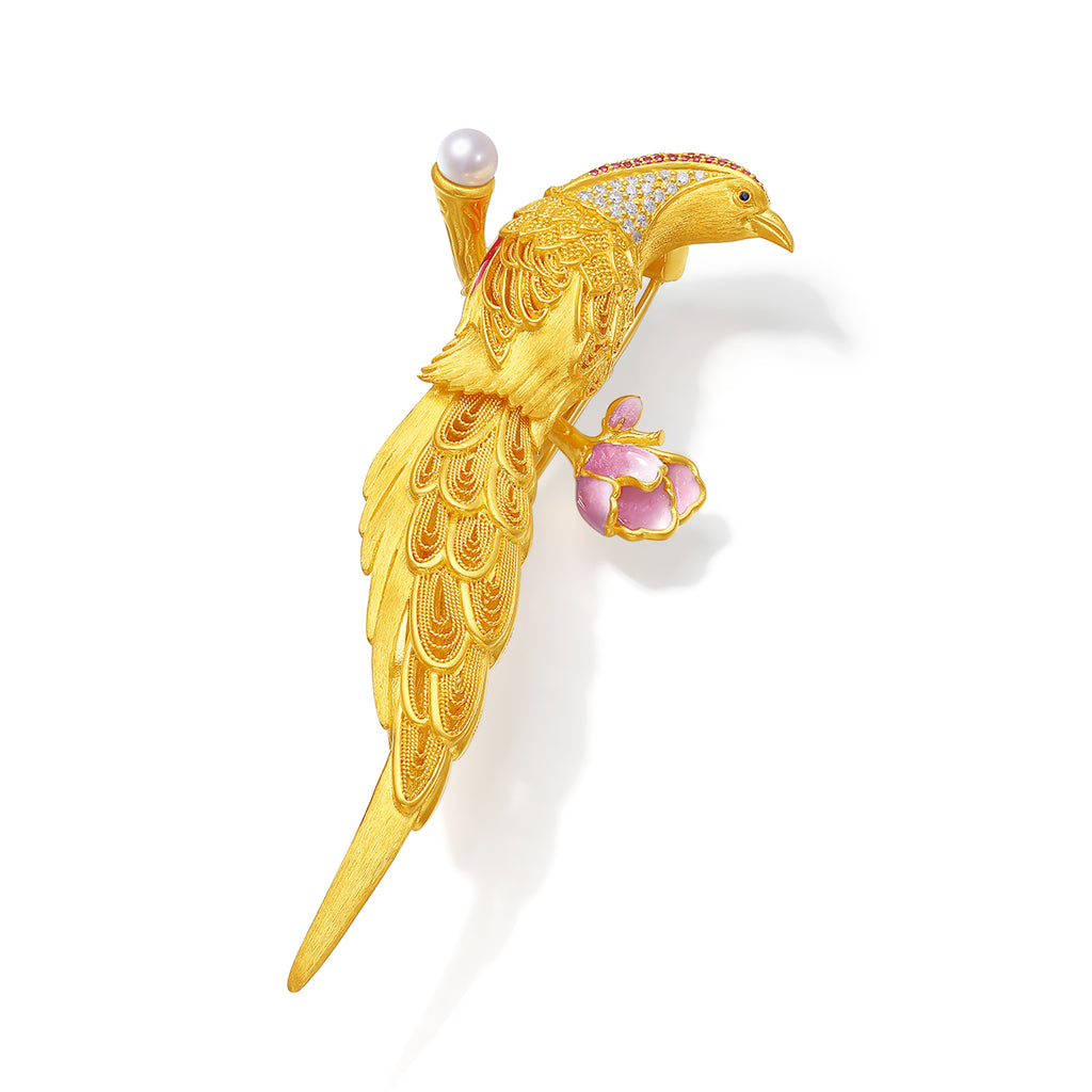 "Chinese Culture Collection - Dan Qing" 999 24K Gold Brooch Diamond 0.0088ct Aquamarine 0.0025ct Ruby 4-4.5mm 32-37g W2249945
