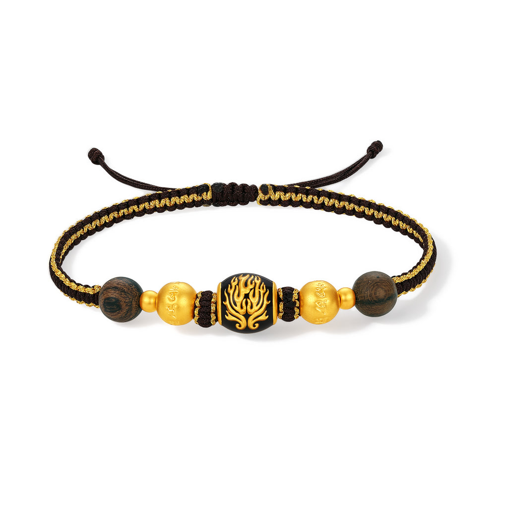 "Jiuhua Mountain" 24K Gold String Bracelet Engraved Character Wood Bead 18cm A1735606