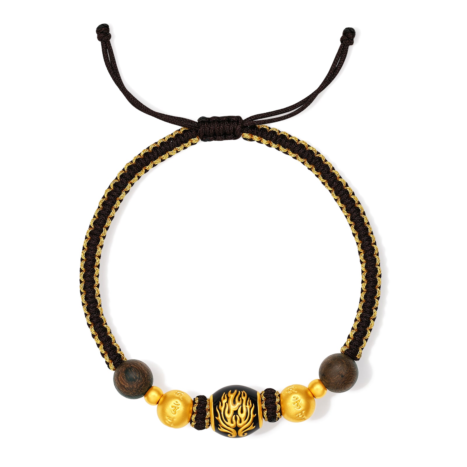 "Jiuhua Mountain" 24K Gold String Bracelet Engraved Character Wood Bead 18cm A1735606