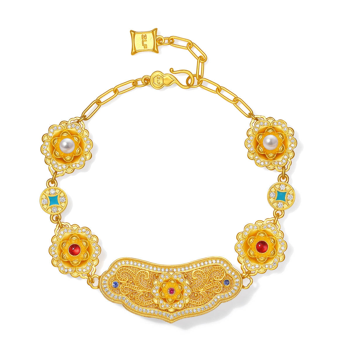 "Chinese Culture Collection - Dan Qing" 999 24K Gold Chain Bracelet Diamond 0.003ct Ruby 0.015ct Aquamarine 3-3.5mm Ruyi 35-41g W0750082