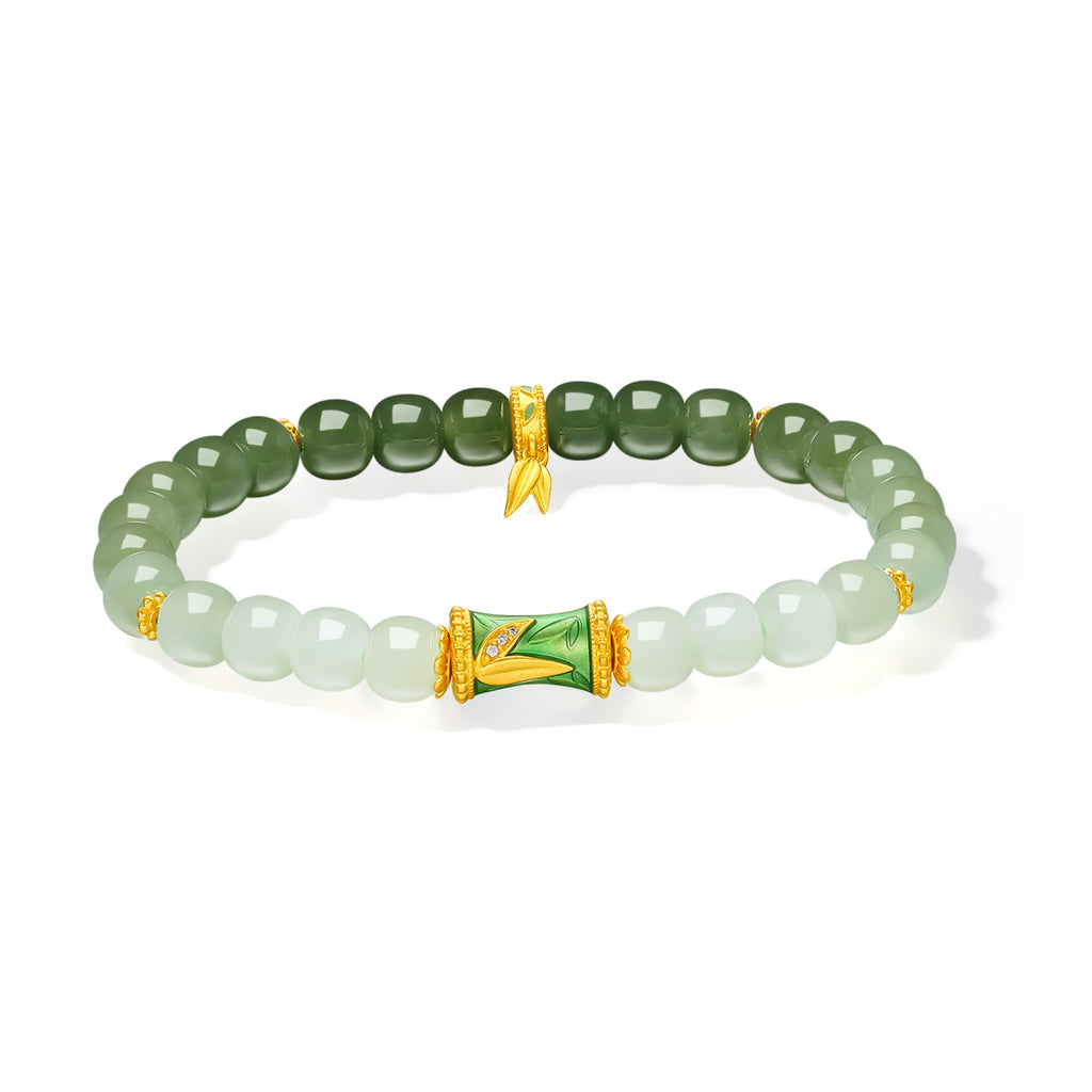 "Chinese Culture Collection - Dan Qing" 24K Gold Beaded Bracelet Hetian Jade 6.5-7*5.8-6.3mm Diamond 0.0033ct   Bamboo 1.9-2.9g Y1937744