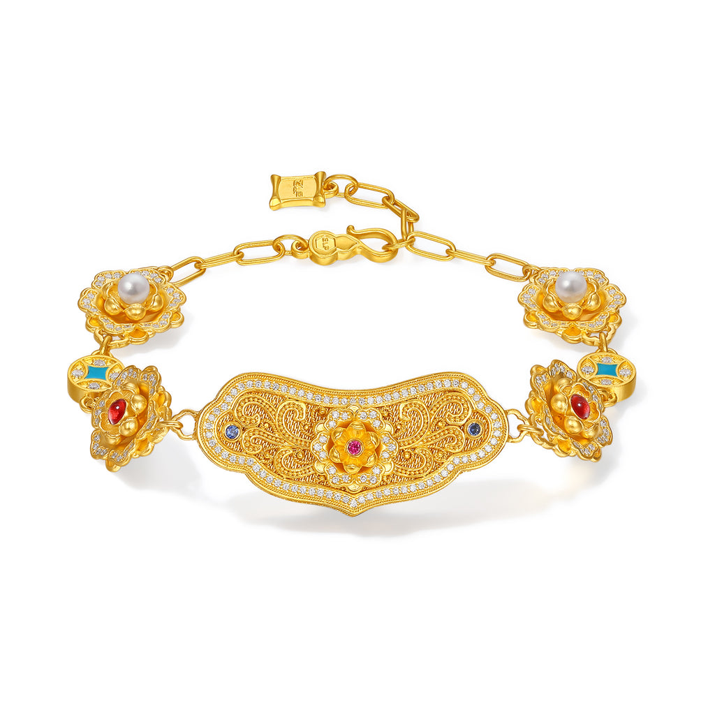 "Chinese Culture Collection - Dan Qing" 999 24K Gold Chain Bracelet Diamond 0.003ct Ruby 0.015ct Aquamarine 3-3.5mm Ruyi 35-41g W0750082