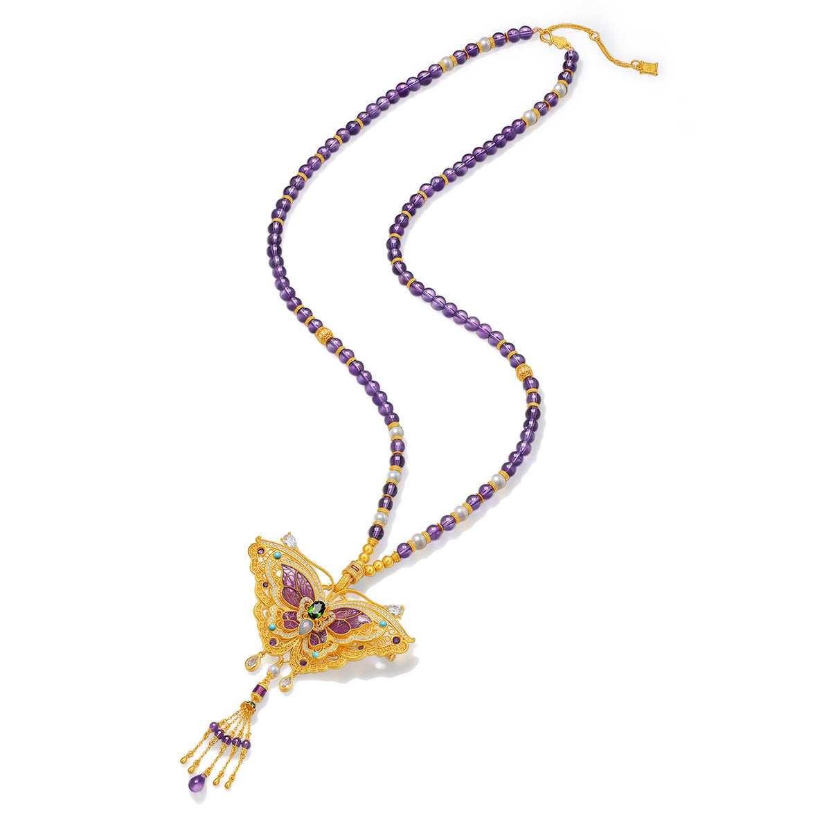 "Chinese Culture Collection - Dan Qing" 999 24K Gold String Pendant Necklace Amethyst 1.8-7.5mm Diamond 0.0042ct Freshwater Pearl 0.78ct Butterfly 50-56g J0650024