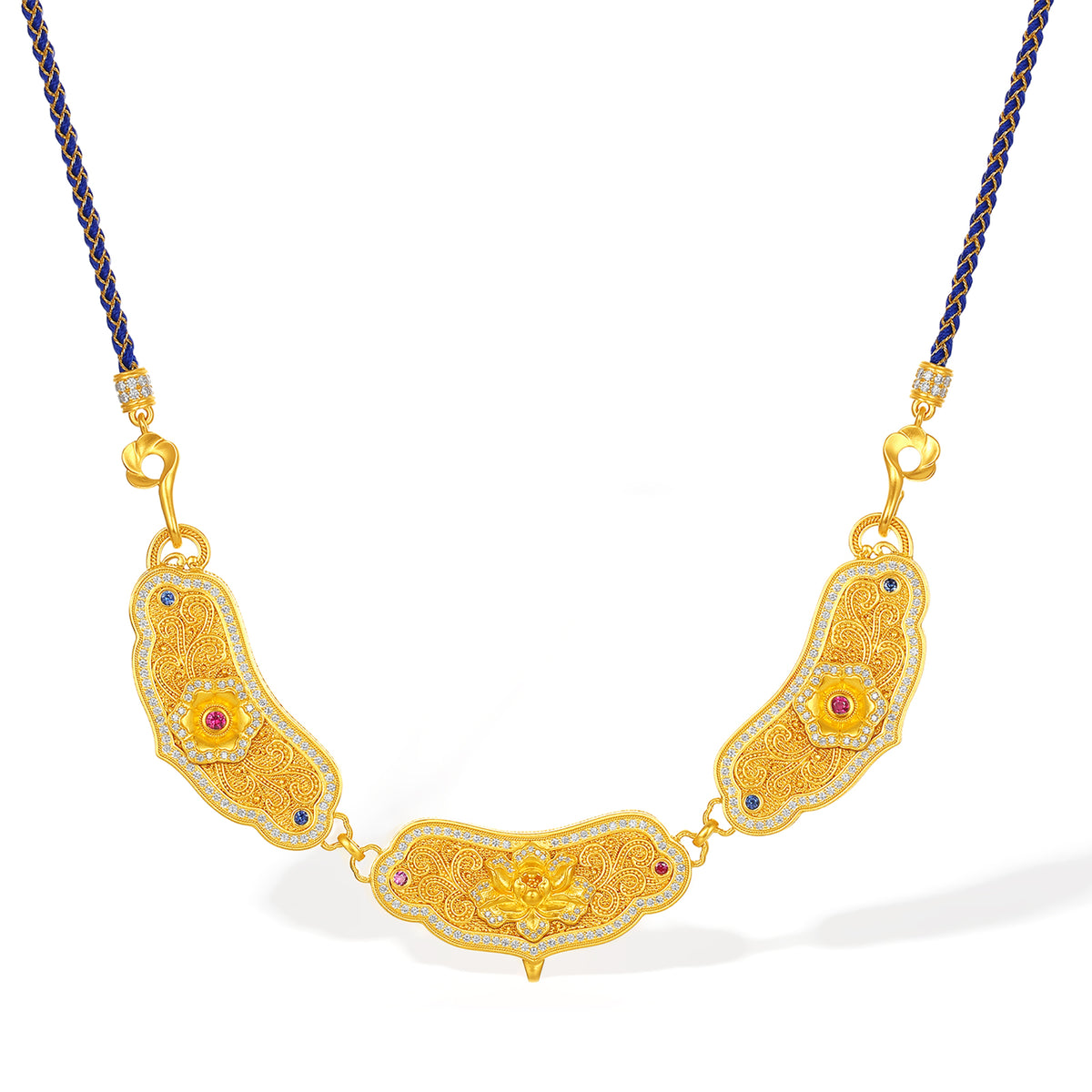 "Chinese Culture Collection - Dan Qing" 999 24K Gold Pendant Necklace Diamond 0.0061ct Ruby 0.039ct Aquamarine 4-4.5mm Ruyi 238-268g W0650048