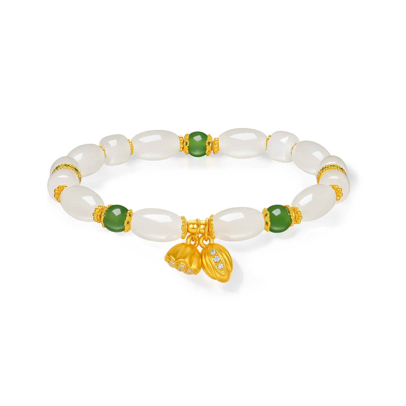"Chinese Culture Collection - Dan Qing" 24K Gold Beaded Bracelet Hetian Jade 6.8-7.3*10.5-11mm Diamond 0.009ct 5.8-6.3mm Lotus 2.9-4.5g Y1940427