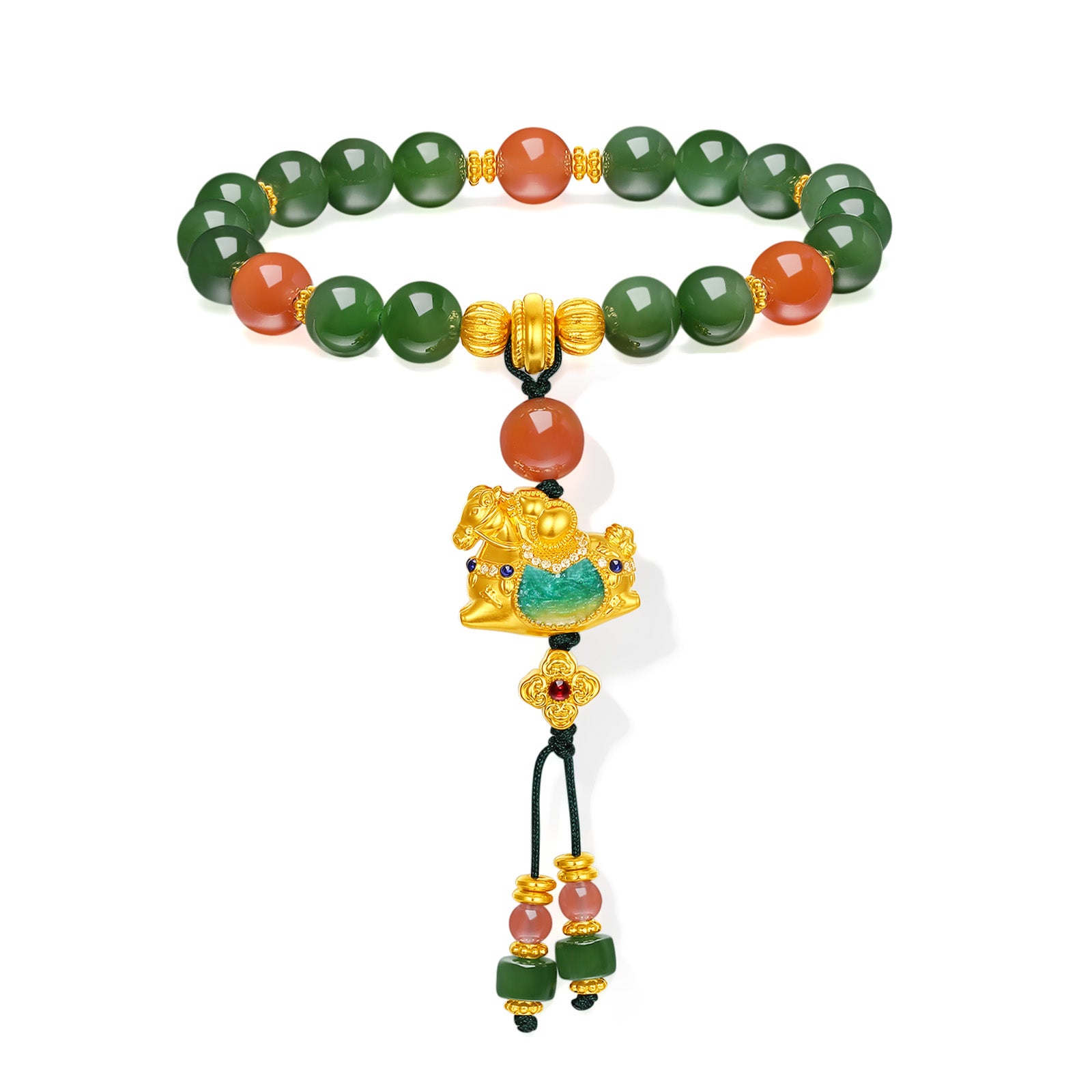 "Chinese Culture Collection - Dan Qing" 24K Gold Beaded Bracelet Braided Rope Hetian Jade 7.5-8mm Diamond 0.0032ct Agate 4-4.5mm Horse 5.5-7.2g Y1937292