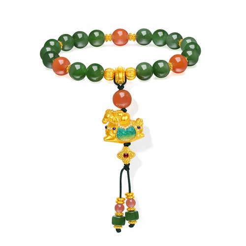 "Chinese Culture Collection - Dan Qing" 24K Gold Beaded Bracelet Braided Rope Hetian Jade 7.5-8mm Diamond 0.0032ct Agate 4-4.5mm Horse 5.5-7.2g Y1937292