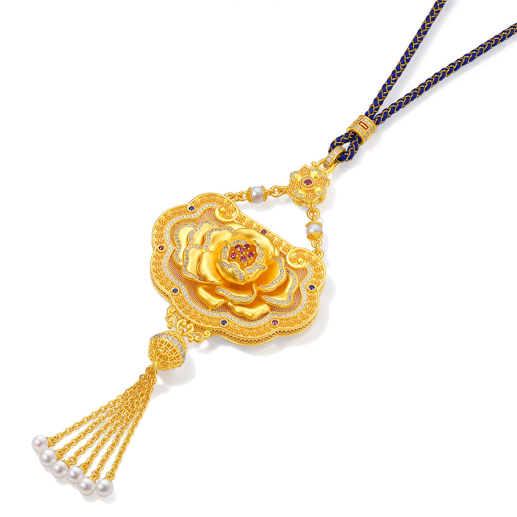 "Chinese Culture Collection - Dan Qing" 999 24K Gold Pendant Necklace Diamond 0.0061ct Ruby 0.039ct Aquamarine 4-4.5mm Ruyi 238-268g W0650048