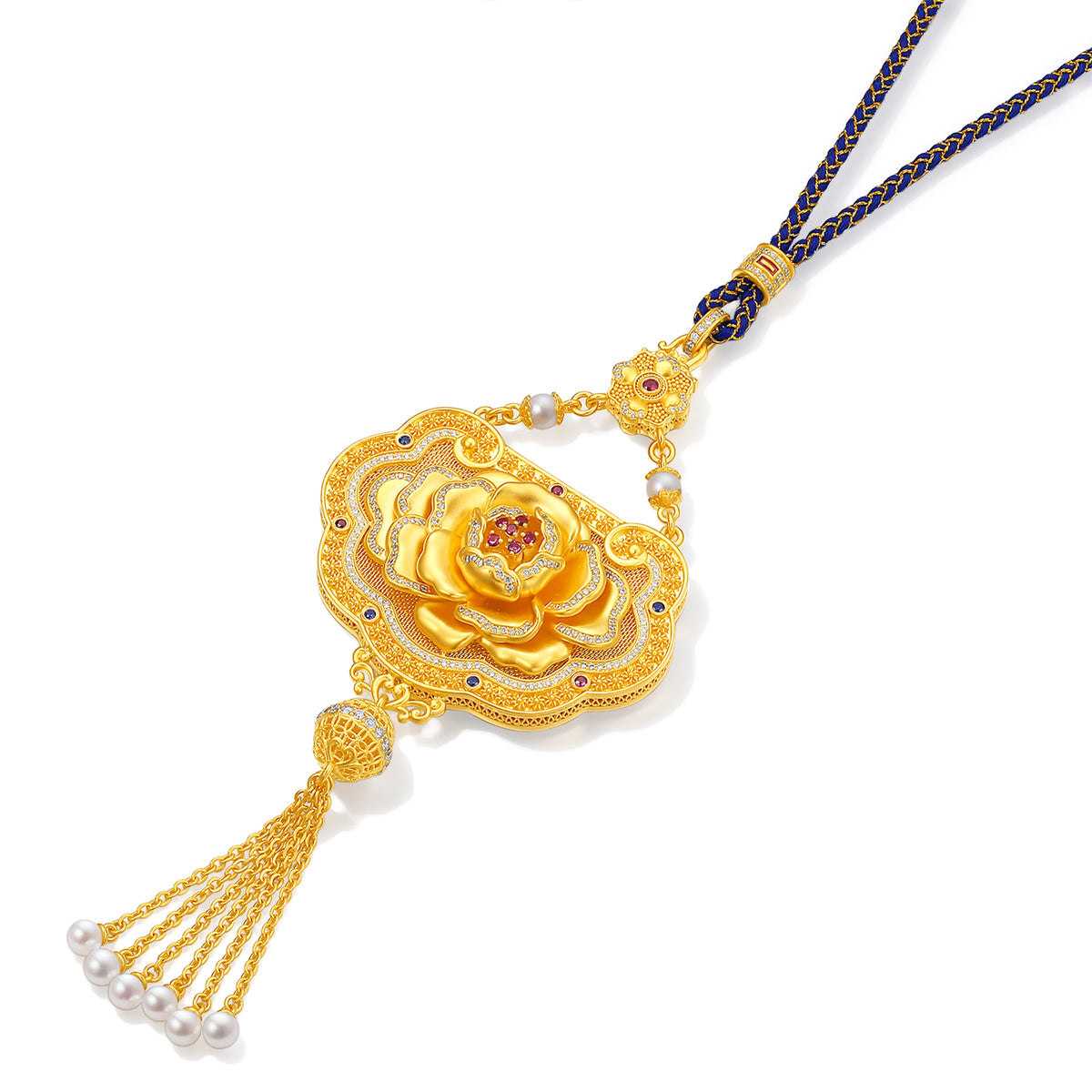 "Chinese Culture Collection - Dan Qing" 999 24K Gold Pendant Necklace Diamond 0.0061ct Ruby 0.039ct Aquamarine 4-4.5mm Ruyi 238-268g W0650048