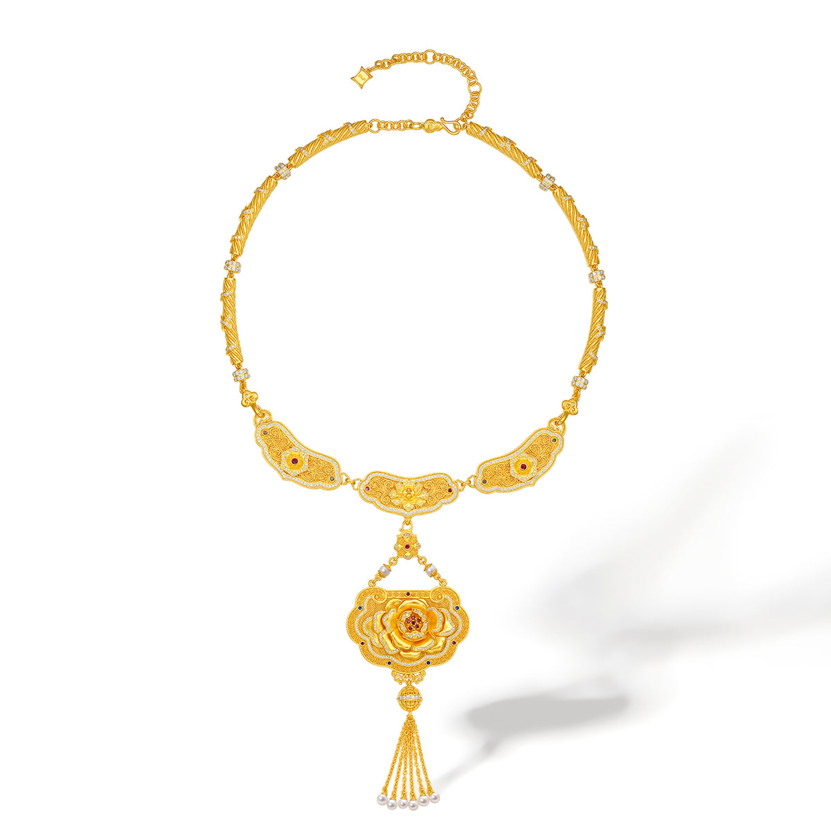 "Chinese Culture Collection - Dan Qing" 999 24K Gold Pendant Necklace Diamond 0.0061ct Ruby 0.039ct Aquamarine 4-4.5mm Ruyi 238-268g W0650048