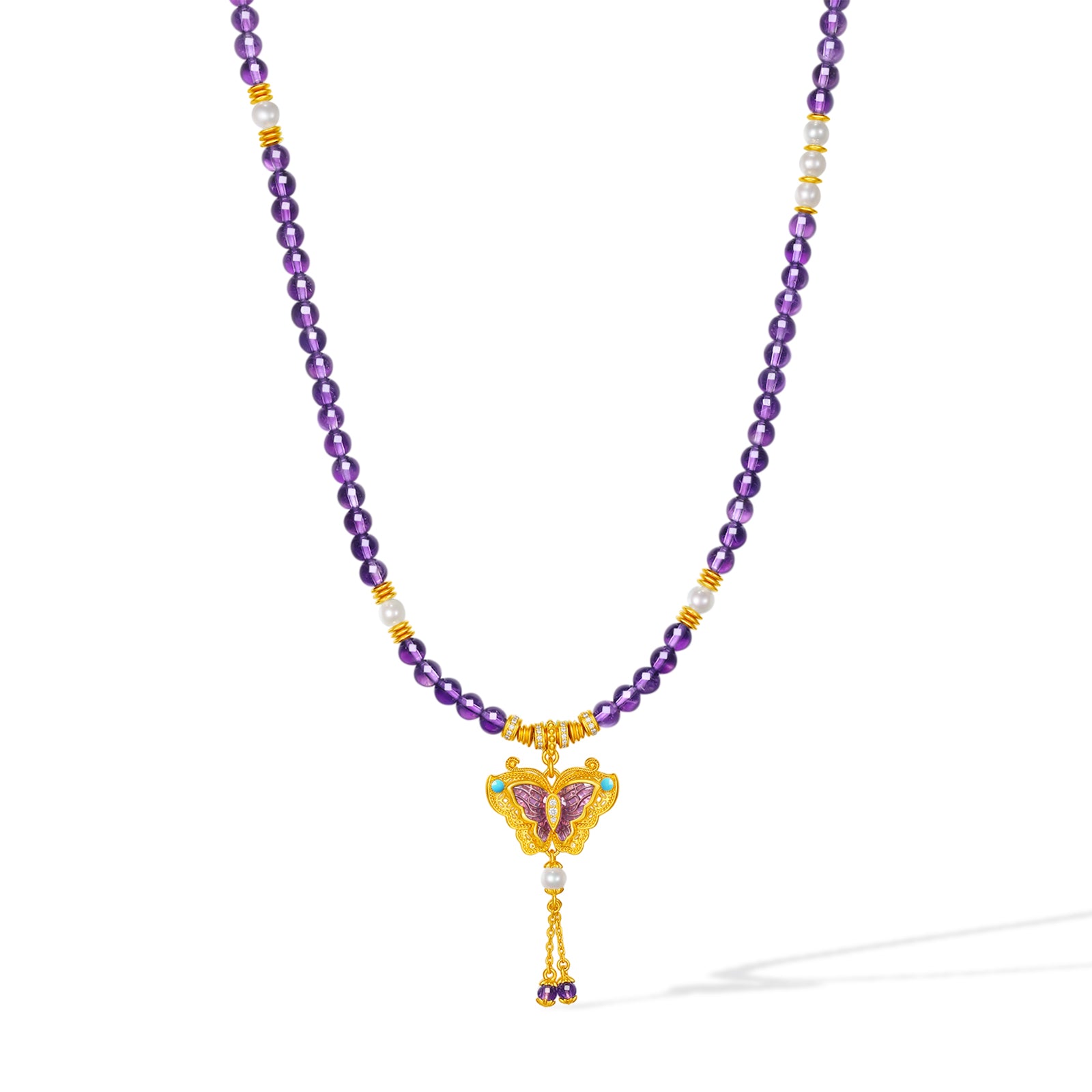 "Chinese Culture Collection - Dan Qing" 24K Gold Beaded Bracelet Amethyst 4-4.5mm Diamond 0.0029ct 4-4.5mm Butterfly 15.3-19.3g J1940435