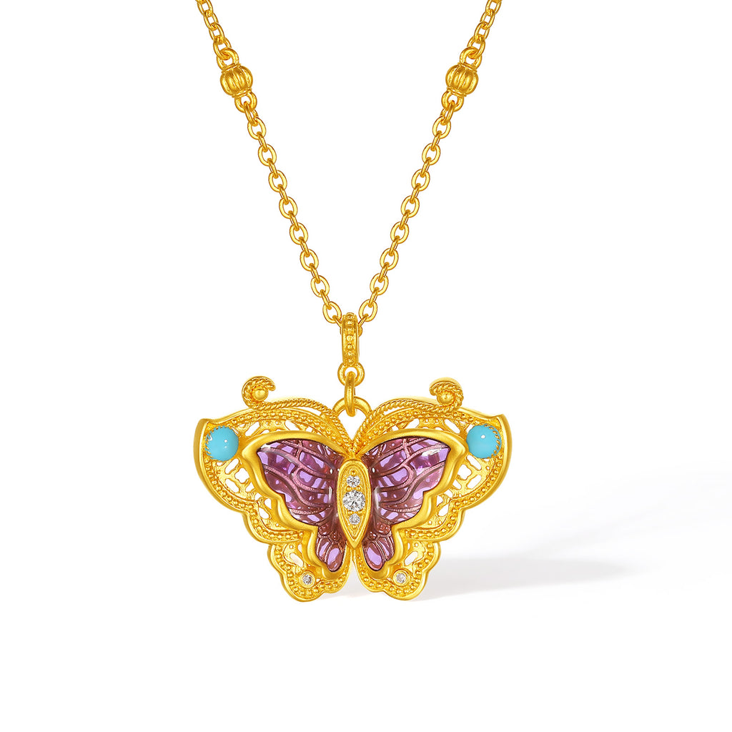 "Chinese Culture Collection - Dan Qing" 24K Gold Pendant Necklace Diamond 0.0084ct Butterfly 12.2-15.2g W0636617