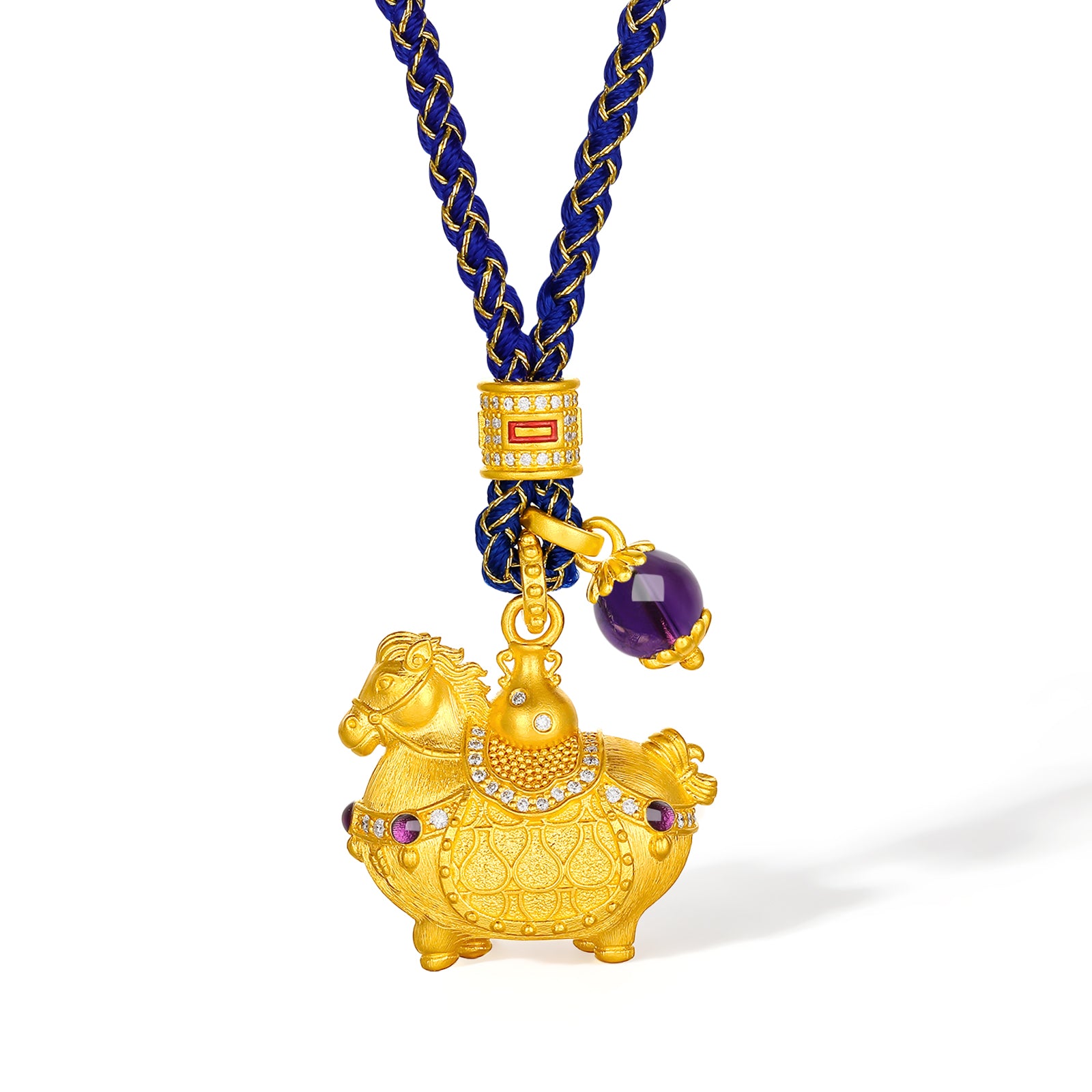"Chinese Culture Collection - Dan Qing" 24K Gold Pendant Braided Rope Diamond 0.0026ct Amethyst 6-6.5mm Horse 16-18.5g W0436248
