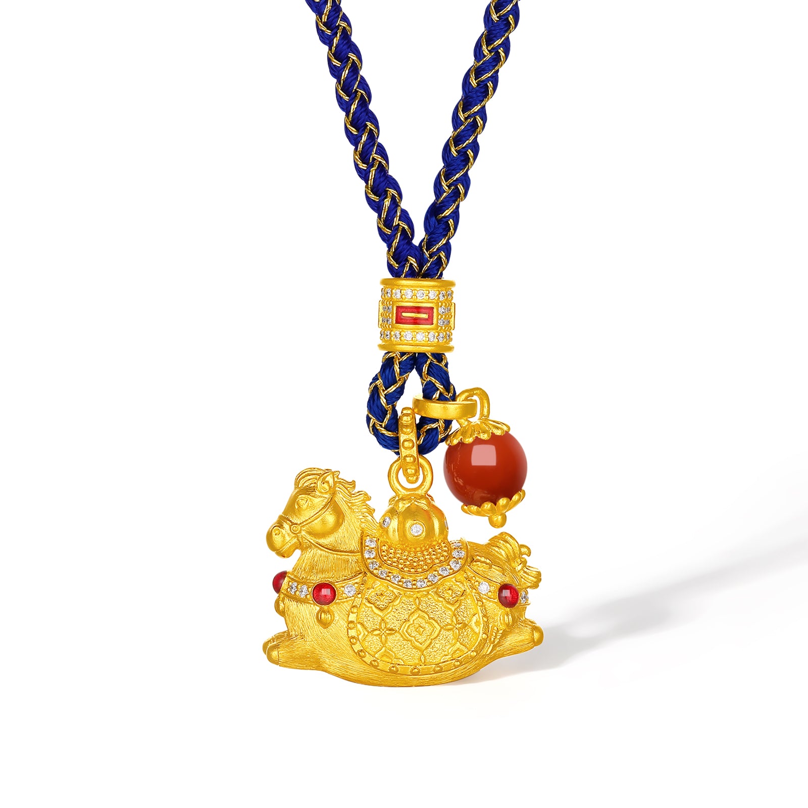 "Chinese Culture Collection - Dan Qing" 24K Gold Pendant Braided Rope Diamond 0.0024ct Agate 6-6.5mm Horse 15-17.5g W0436268