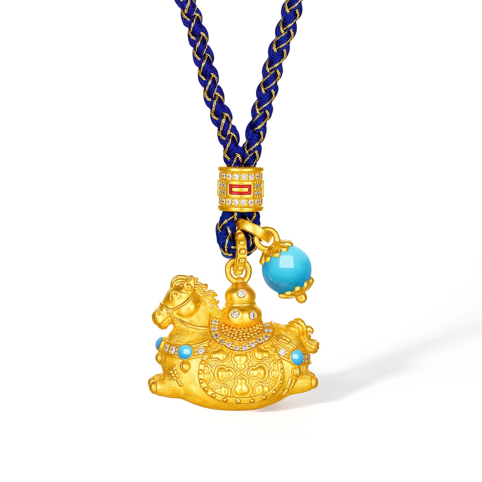 "Chinese Culture Collection - Dan Qing" 24K Gold Pendant Braided Rope Diamond 0.0024ct Turquoise 5.8-6.3mm   Horse 15-18g W0436252