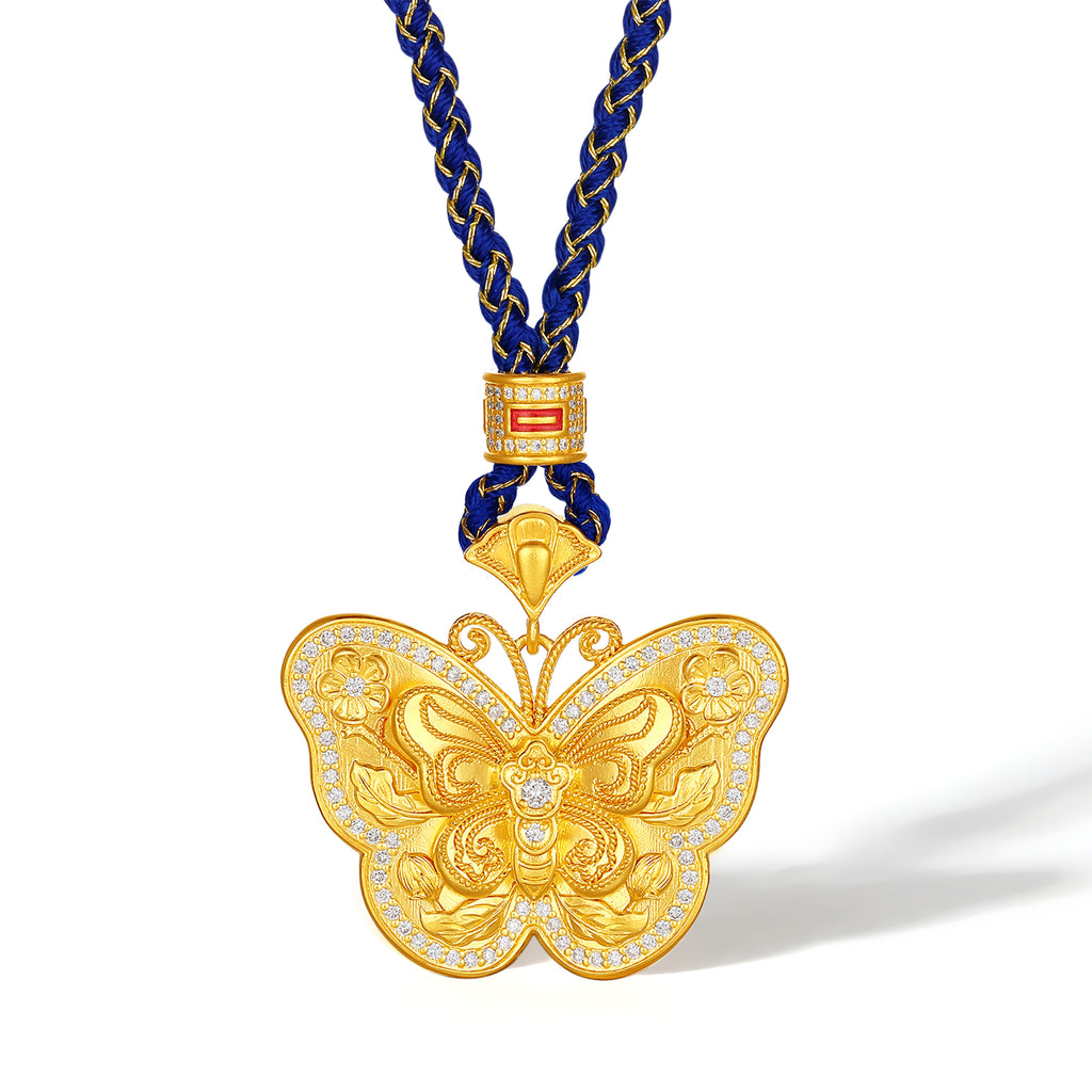 "Chinese Culture Collection - Dan Qing" 24K Gold Pendant Braided Rope Diamond 0.0031ct Butterfly 20.6-24.6g W0436731