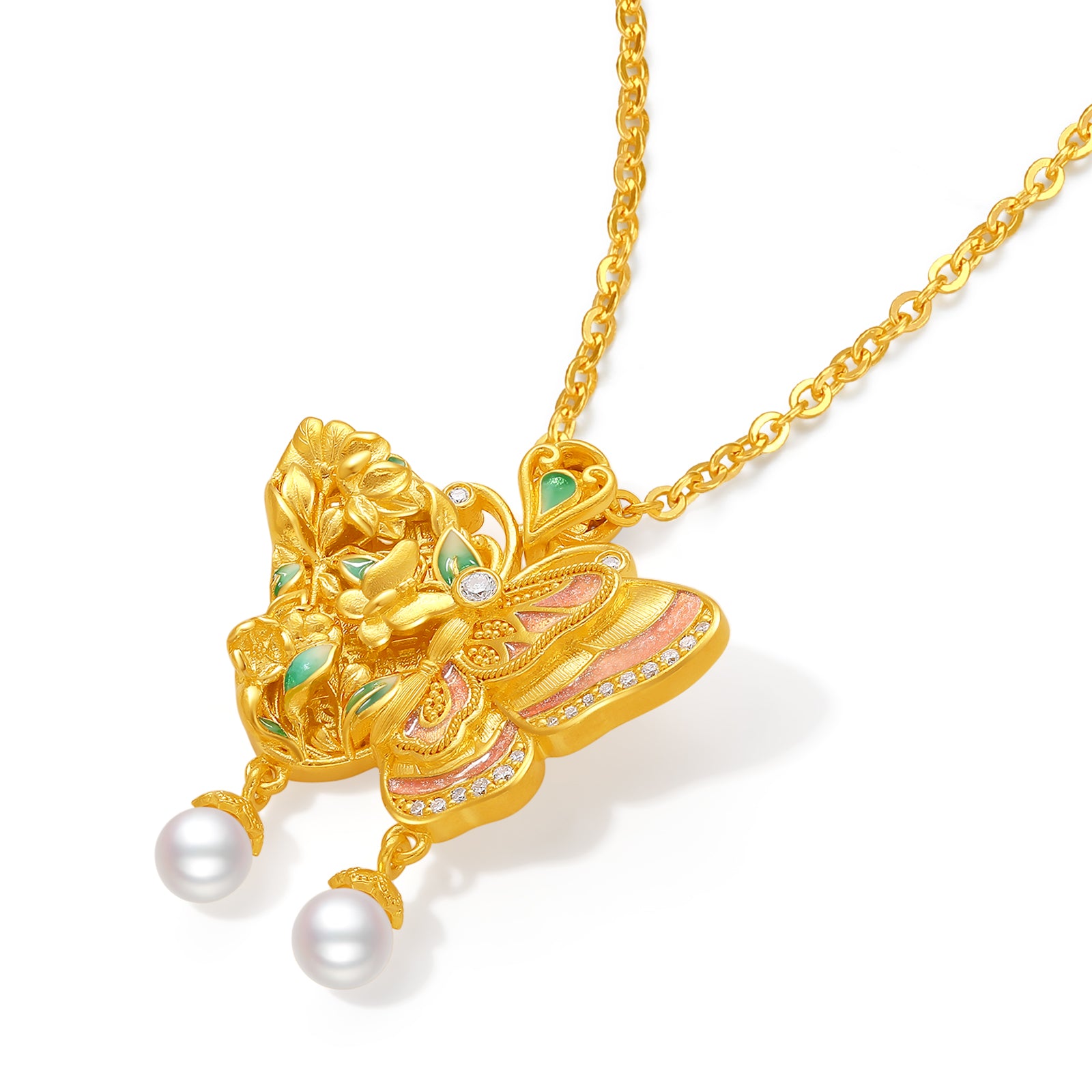 "Chinese Culture Collection - Dan Qing" 24K Gold Pendant Necklace Diamond 0.004ct Pearl 3.5-4mm Butterfly 14.8-17.8g W0636728
