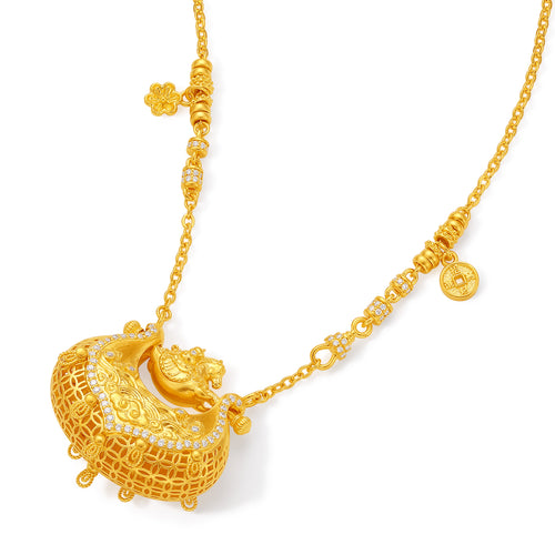 "Chinese Culture Collection - Dan Qing" 24K Gold Pendant Necklace Diamond 0.0029ct Ruyi 26-30g W0640503