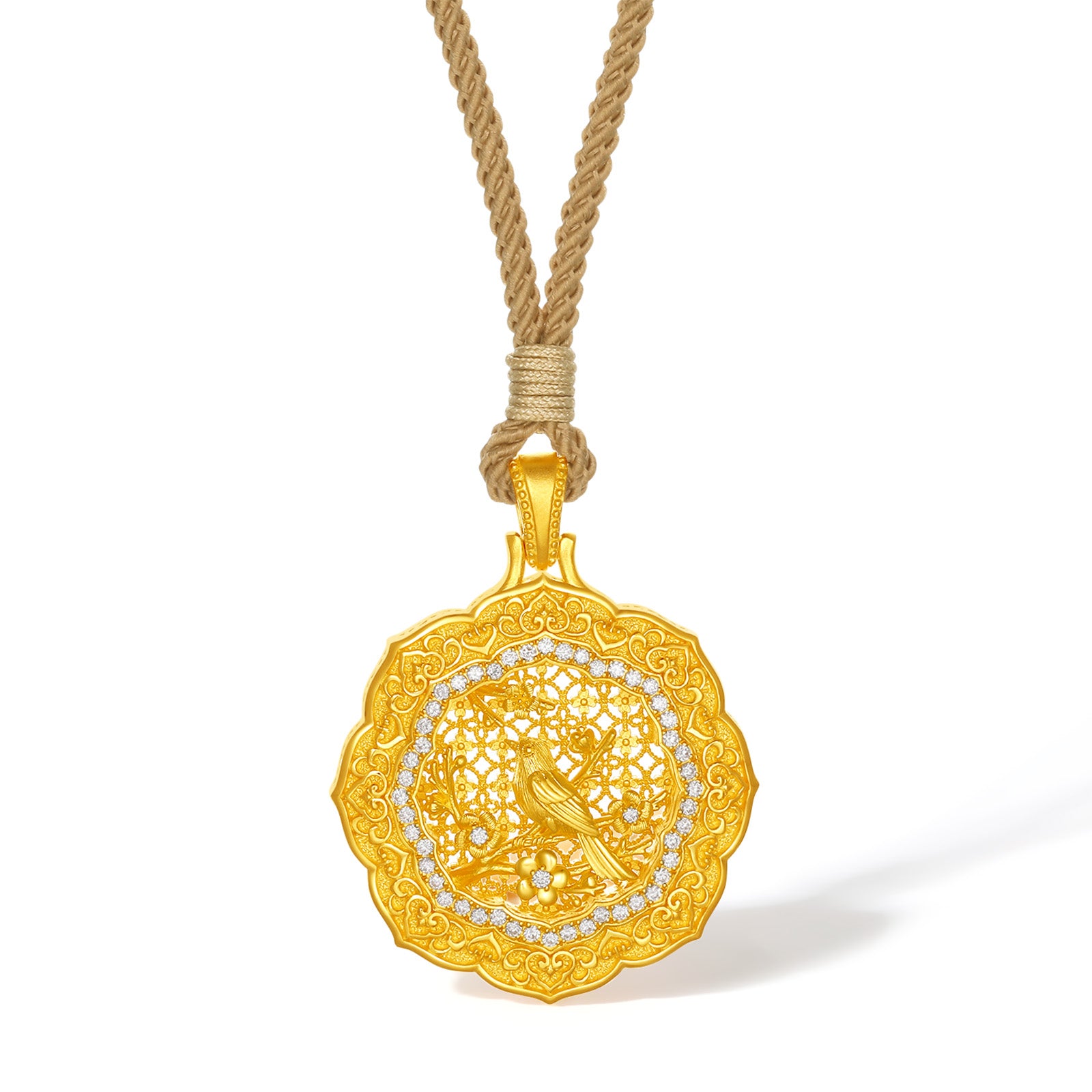 "Chinese Culture Collection - Wood Carving"  24K Gold Pendant  Diamond 0.006ct  0.005ct Flower 12-14g W0448115