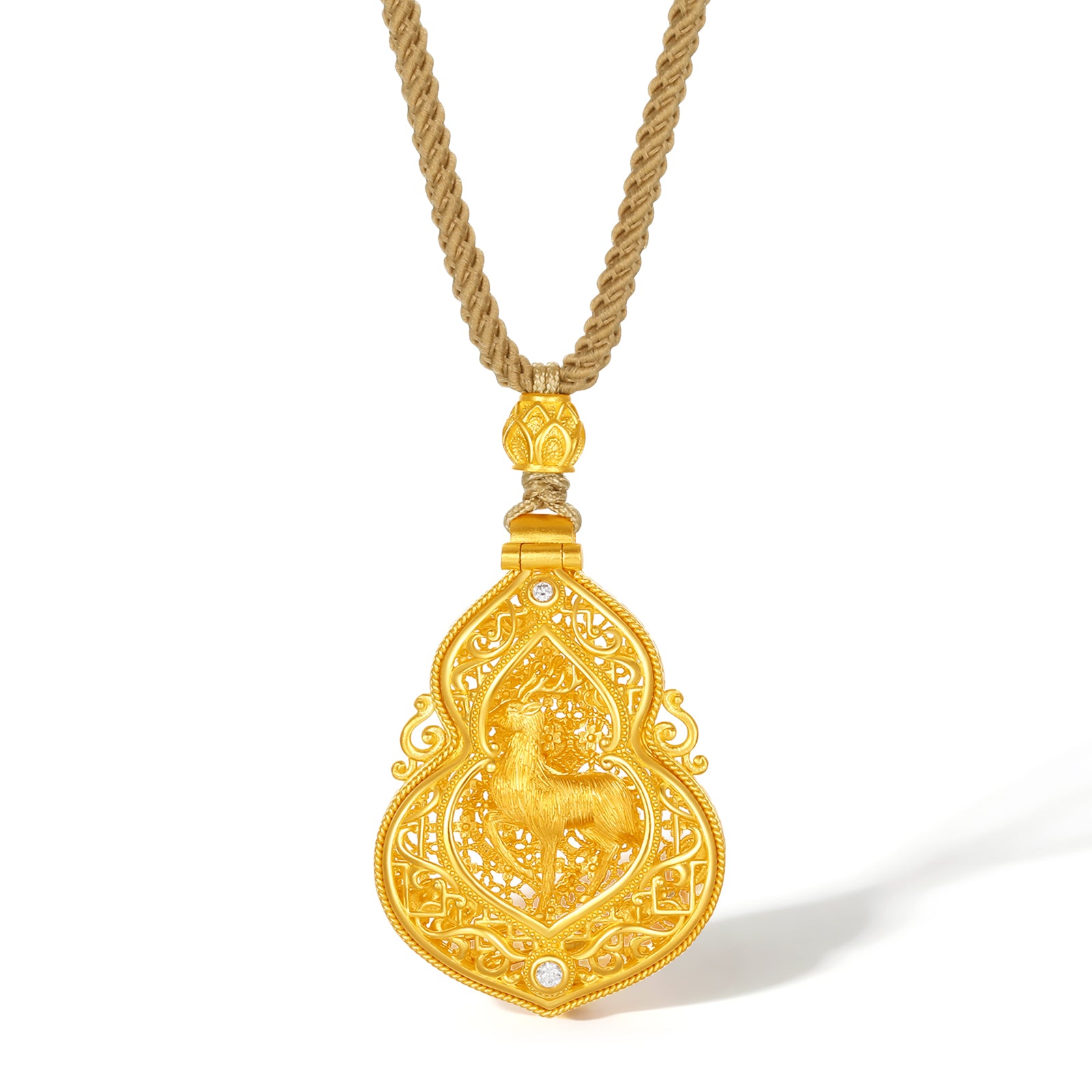 24K Gold Gourd Pendant | Wood Carving Diamond Necklace | ZHOU LIU