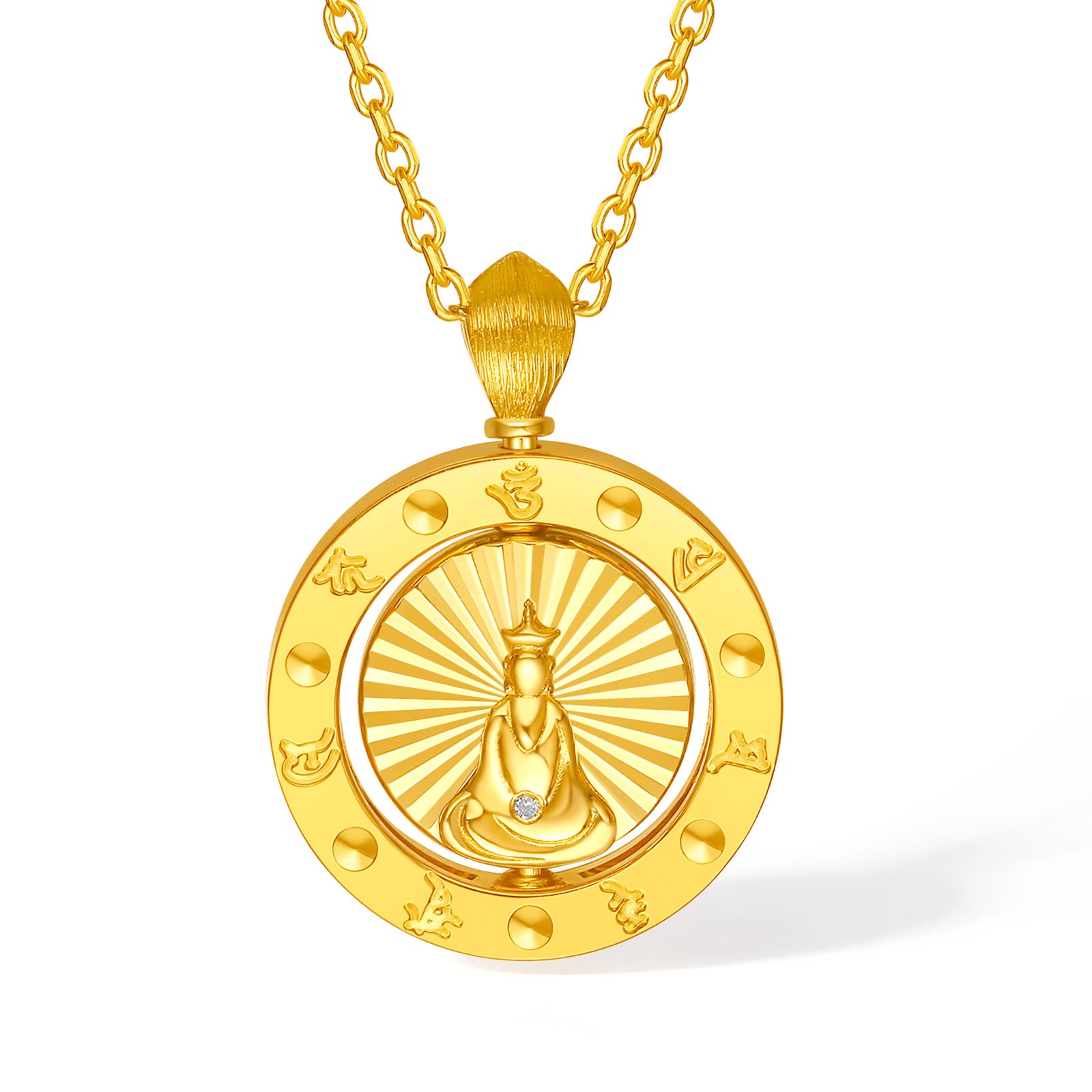 "Jiuhua Mountain" 24K Gold Cross Chain Necklace Diamond Ruby Rotatable Floral Round Pendant Chain Size 40+5cm W0640430