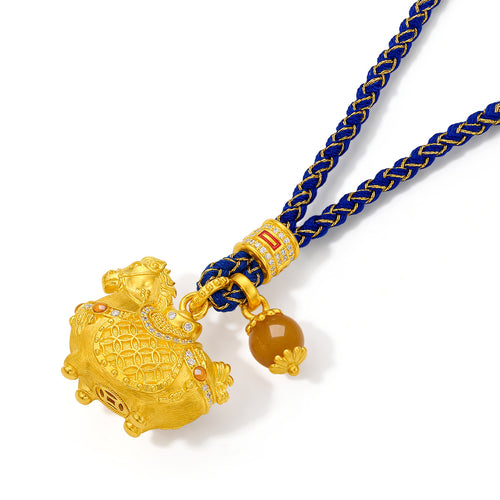 "Chinese Culture Collection - Dan Qing" 24K Gold Pendant Braided Rope Diamond 0.0026ct Amber 6-6.5mm Horse 16-18.55g W0436254